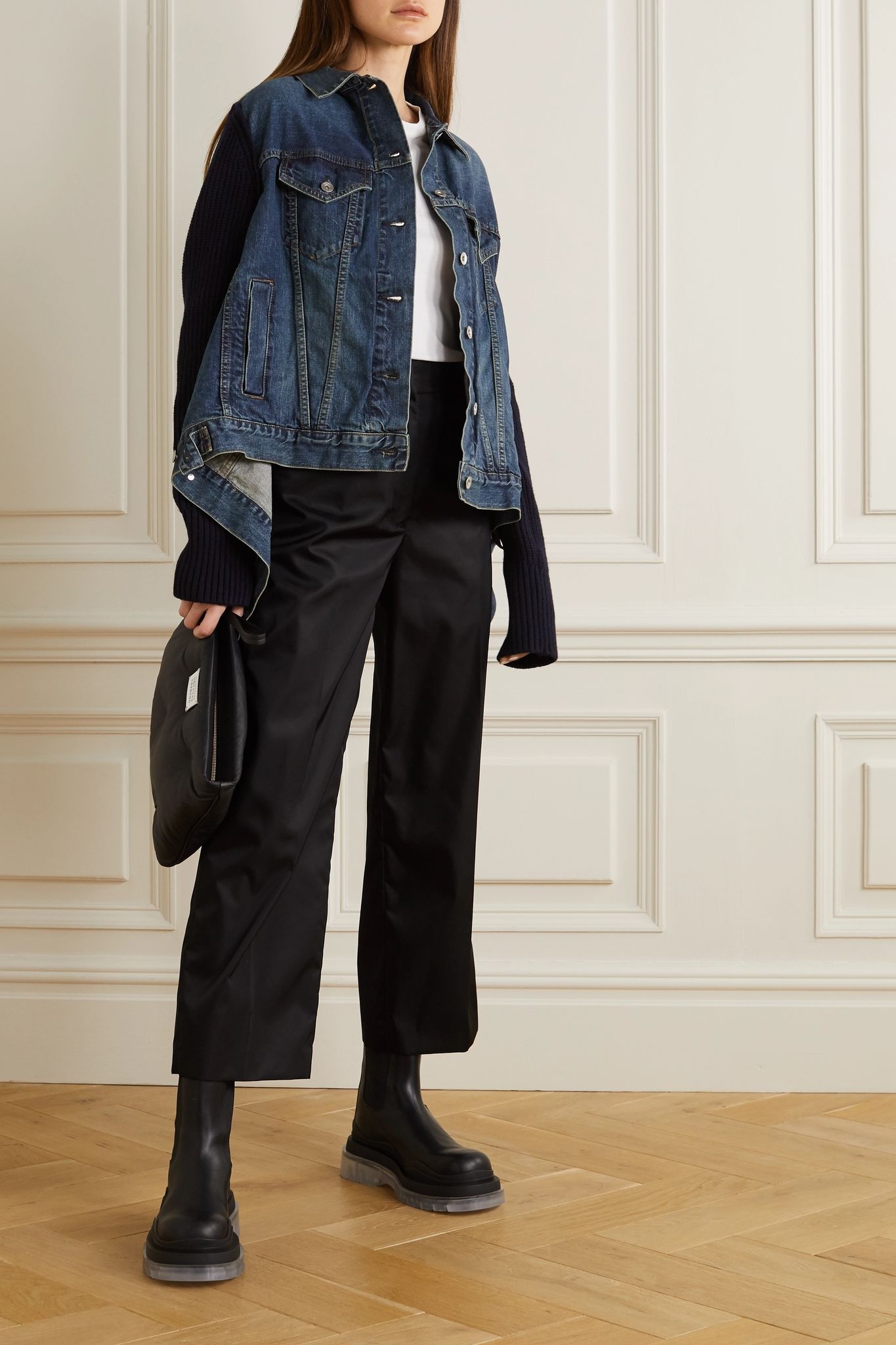 Asymmetric shell-trimmed paneled denim and ribbed wool jacket - 2