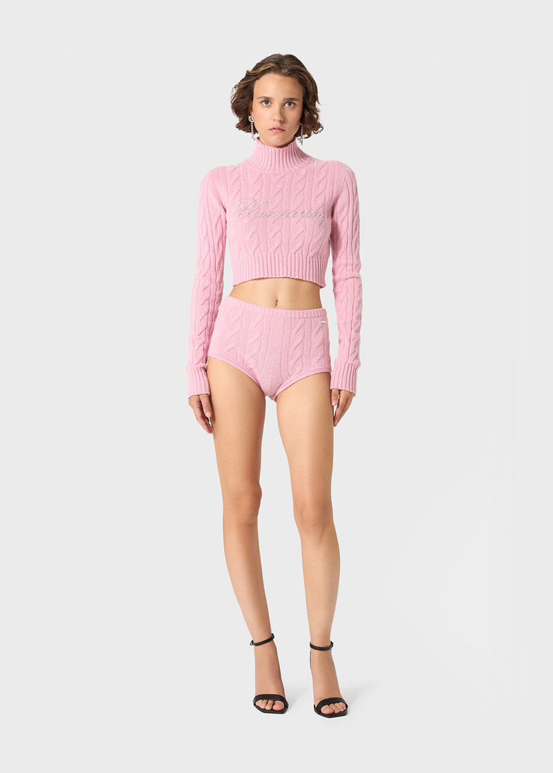 Blumarine BRAID CABLE KNIT CROPPED SWEATER WITH RHINESTONE LOGO outlook