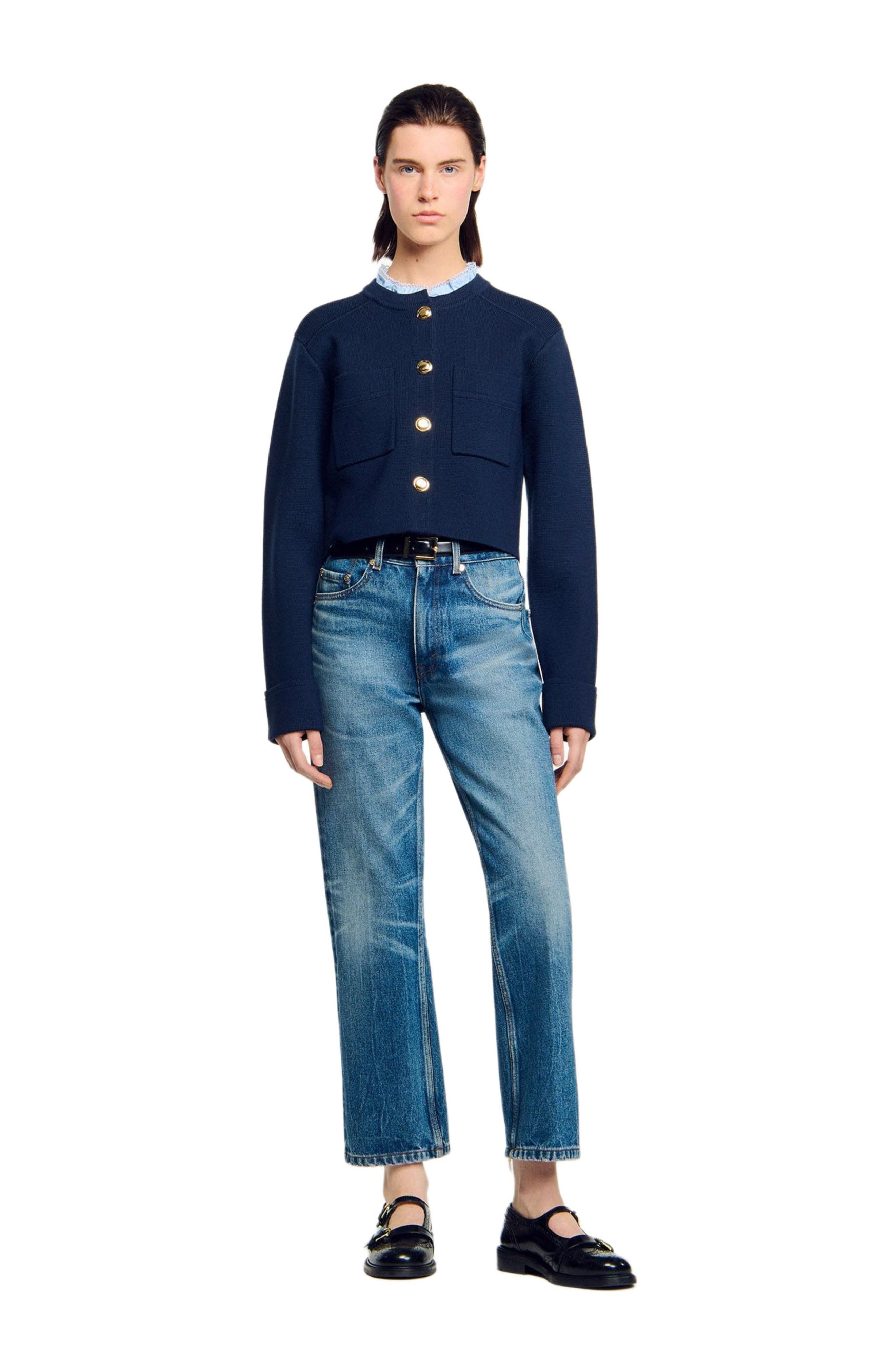 SANDRO Cardigan with ruffle collar in Navy Blue at Nordstrom - 6