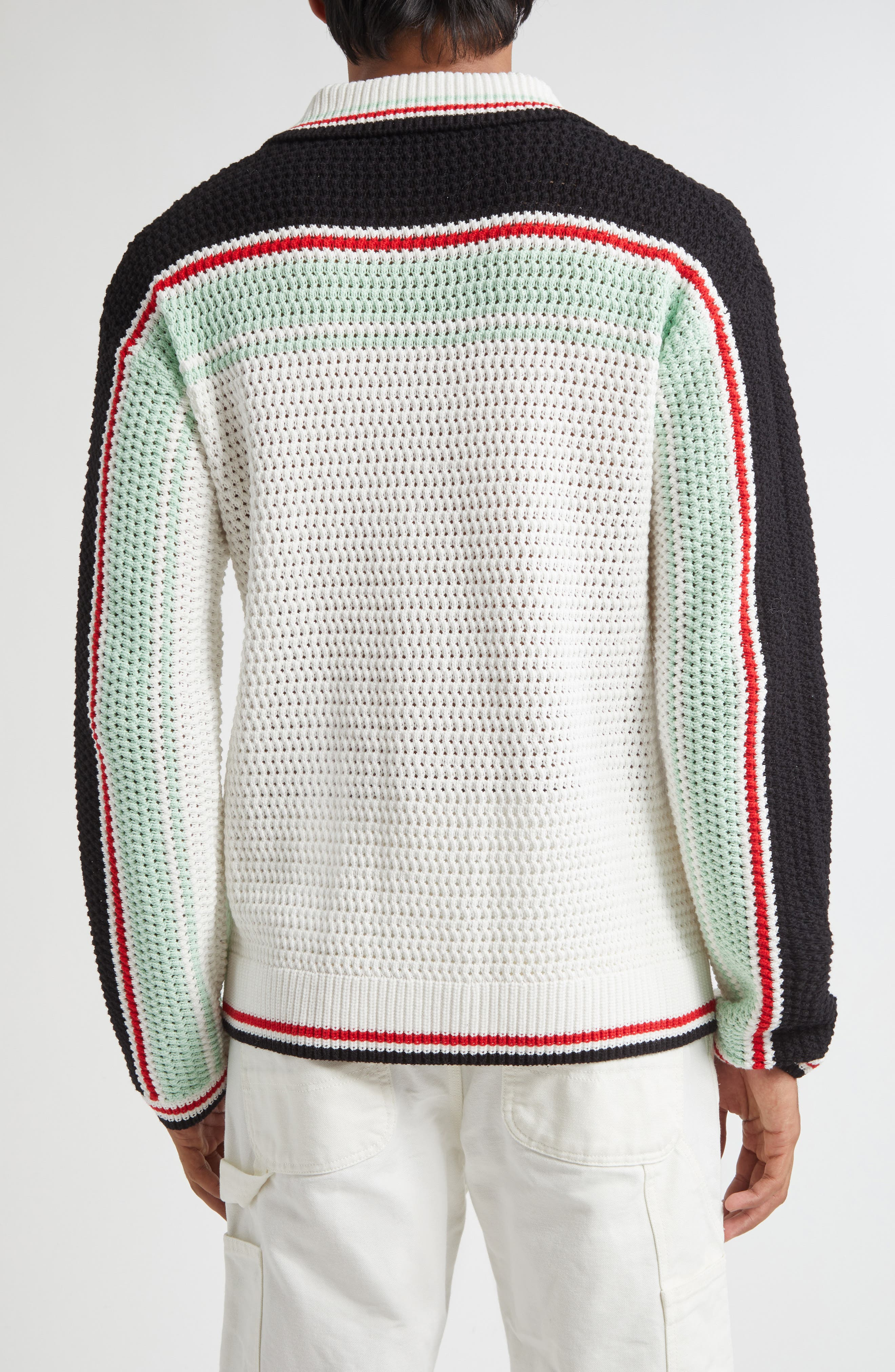 Casablanca Camp Collar Long Sleeve Cotton Crochet Cardigan in White/Black Multi at Nordstrom - 2