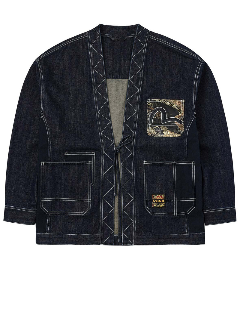 Multi-Pocket with Brocade Patch Relax Fit Denim Kimono 1