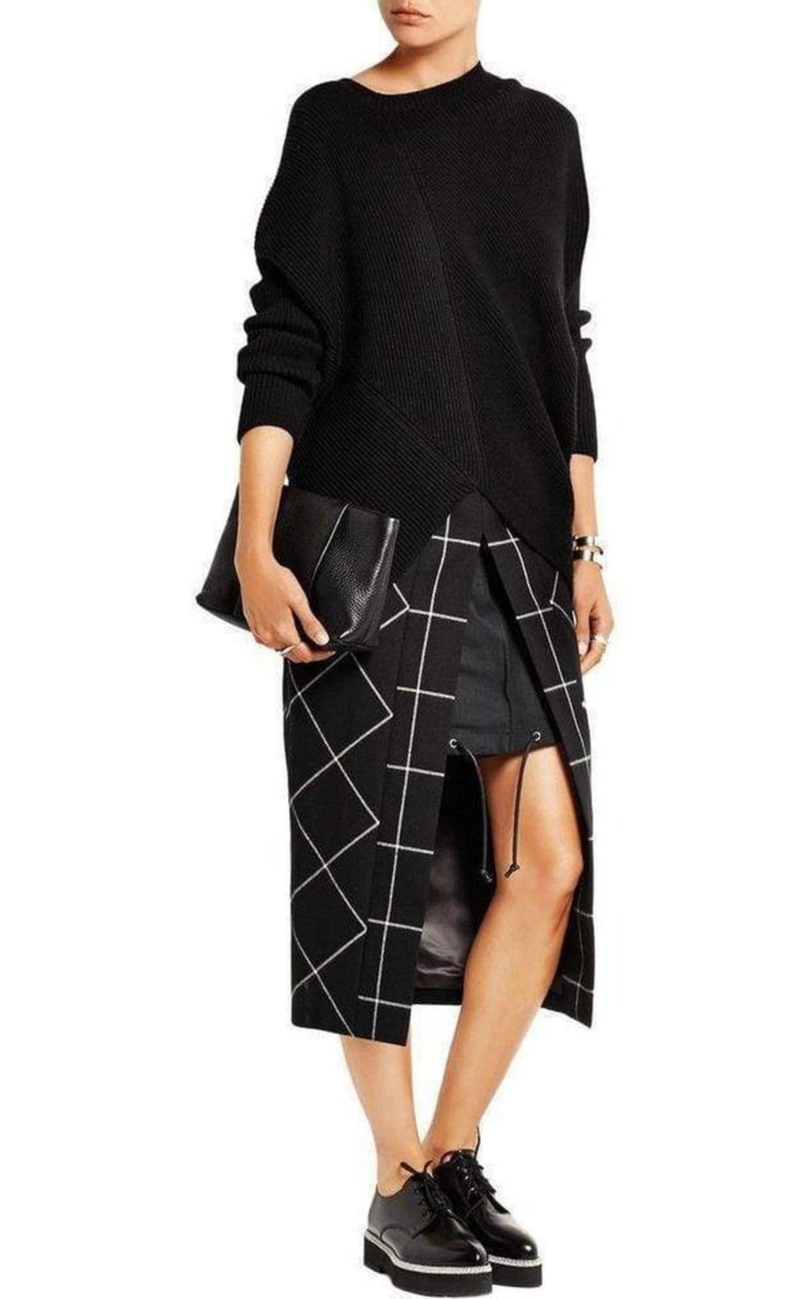 Cotton Twill-Paneled Checked Wool Skirt - 2