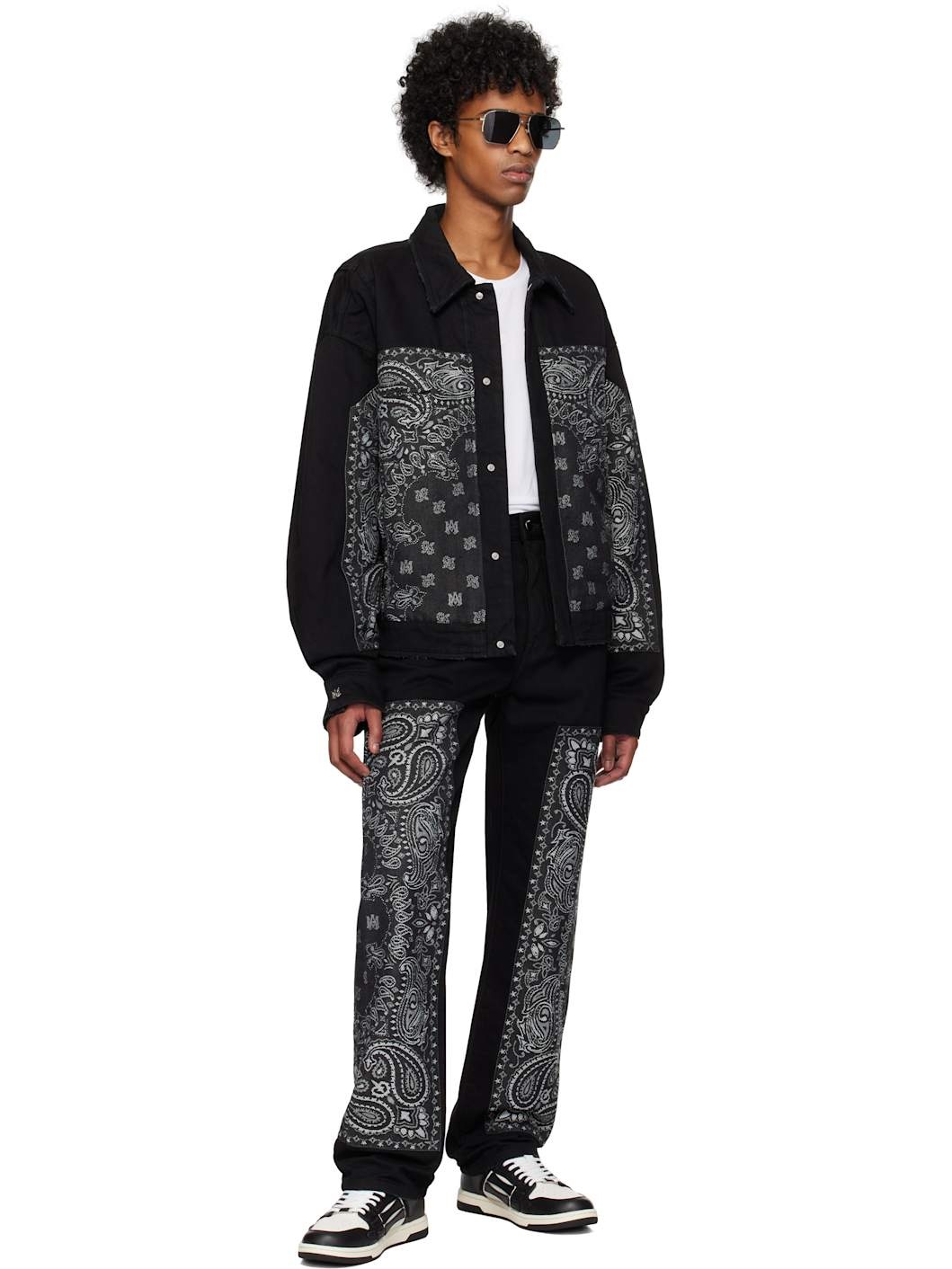 Black Bandana Jacquard Paneled Straight Jeans - 4