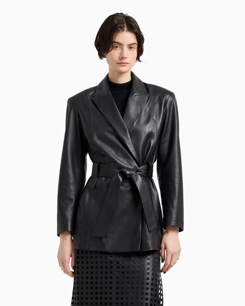 EMPORIO ARMANI POLYGON CAPSULE COLLECTION LAMBSKIN NAPPA LEATHER JACKET WITH BELT outlook