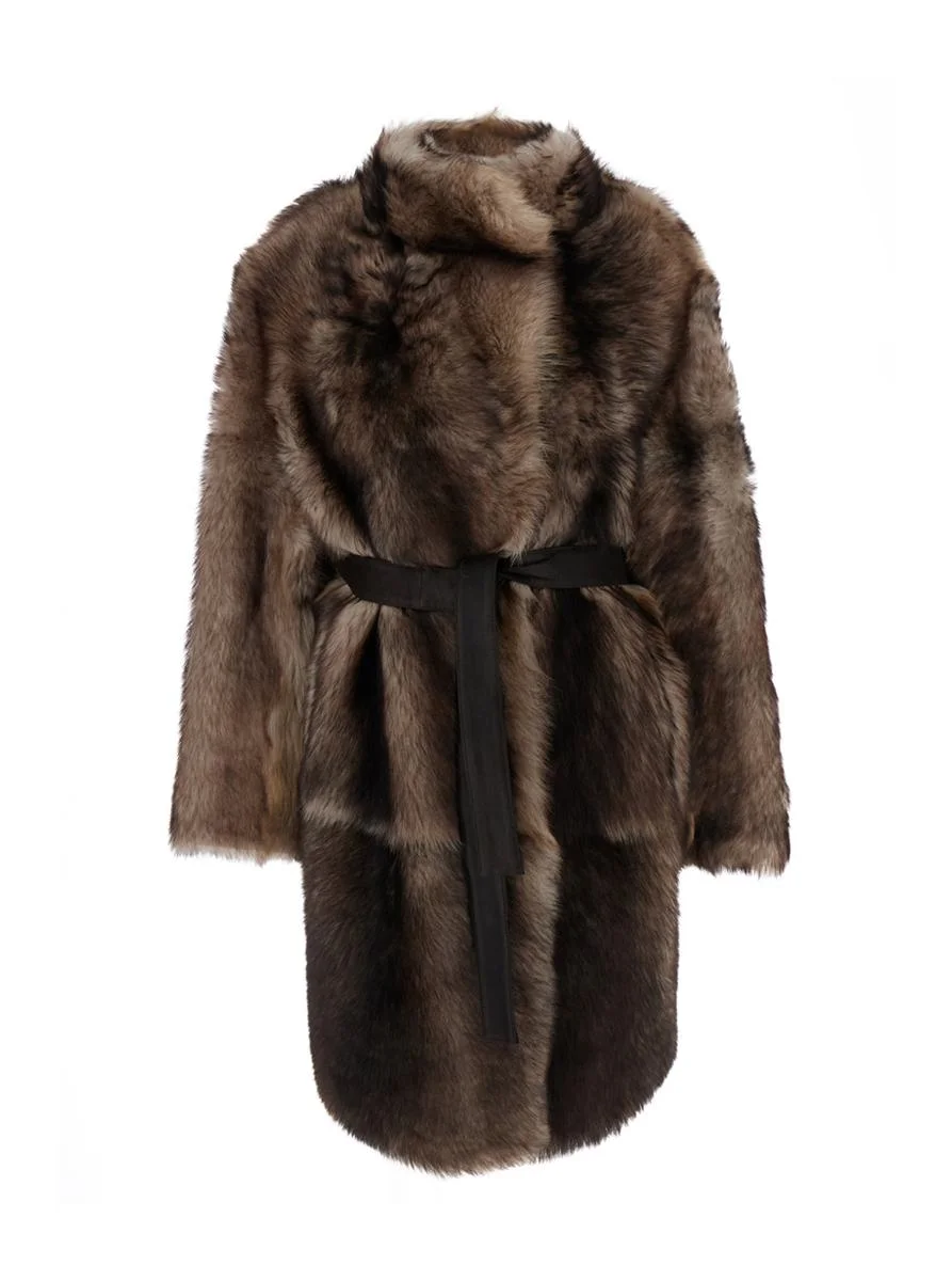 Yves Salomon Brown Shearling Coat With High Neck And Front Belt Closure In Fur Woman - 1