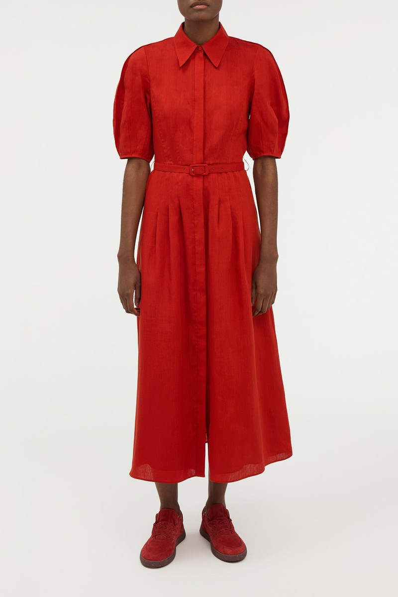 GABRIELA HEARST Maude Pleated Midi Shirtdress in Antelope Orange Aloe Linen outlook