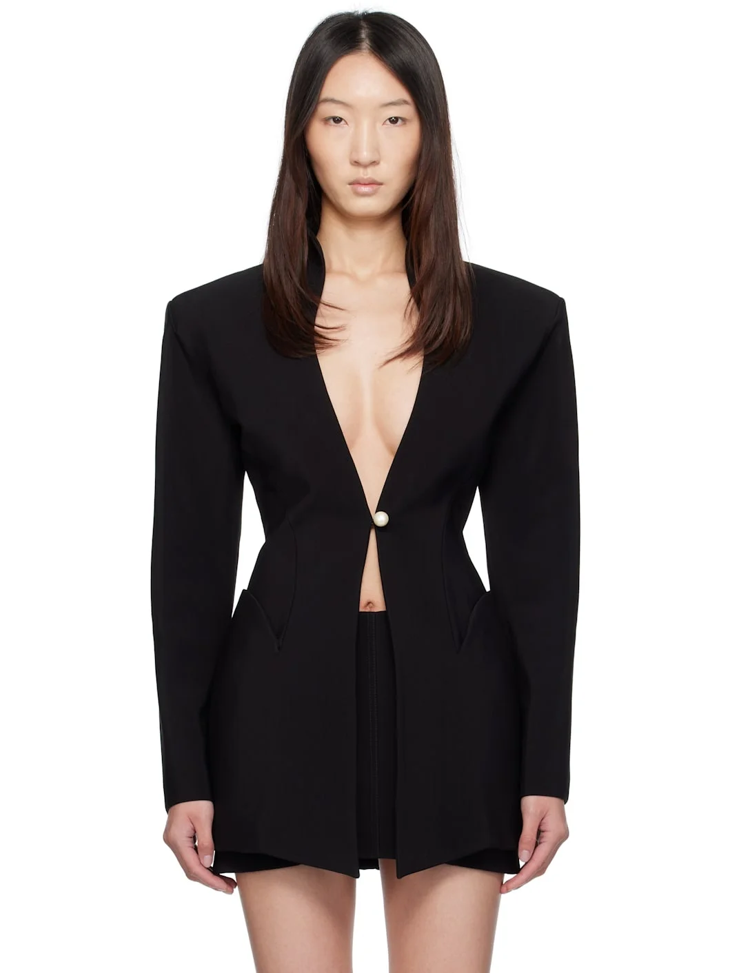 Black Sculptural Long Blazer - 1