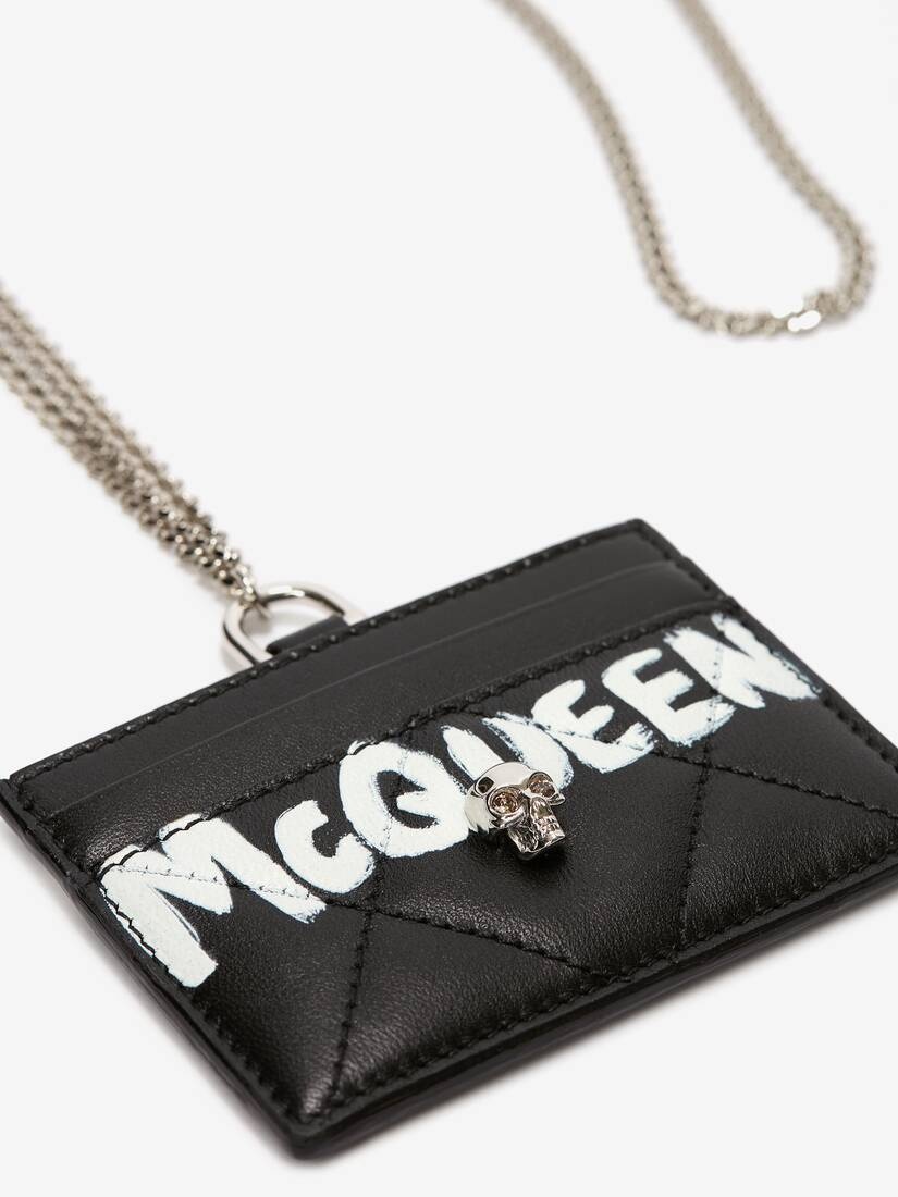 Women's McQueen Graffiti Card Holder With Chain in Black/white - 4