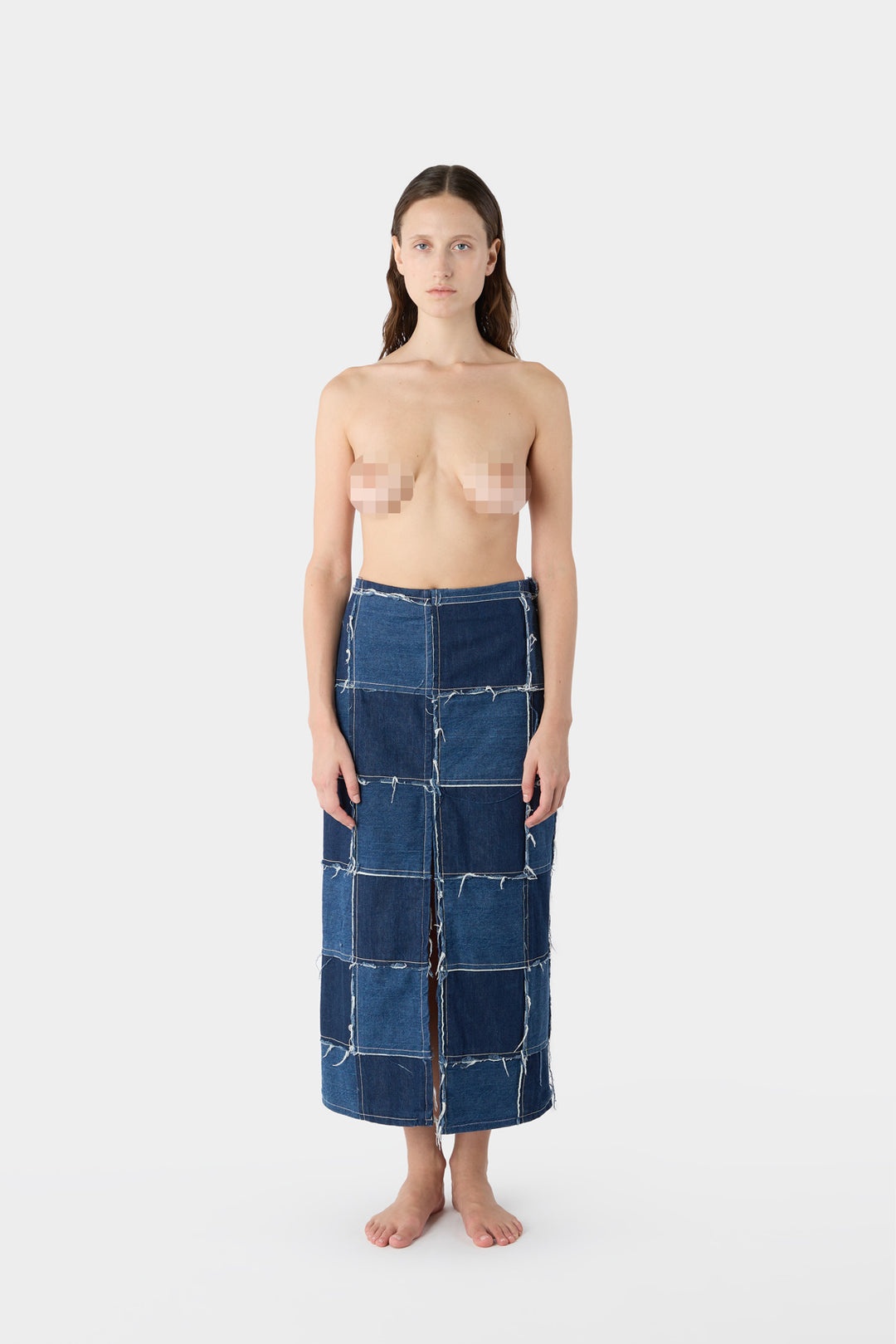 PATCHWORK LONG SPLIT SKIRT / denim - 1