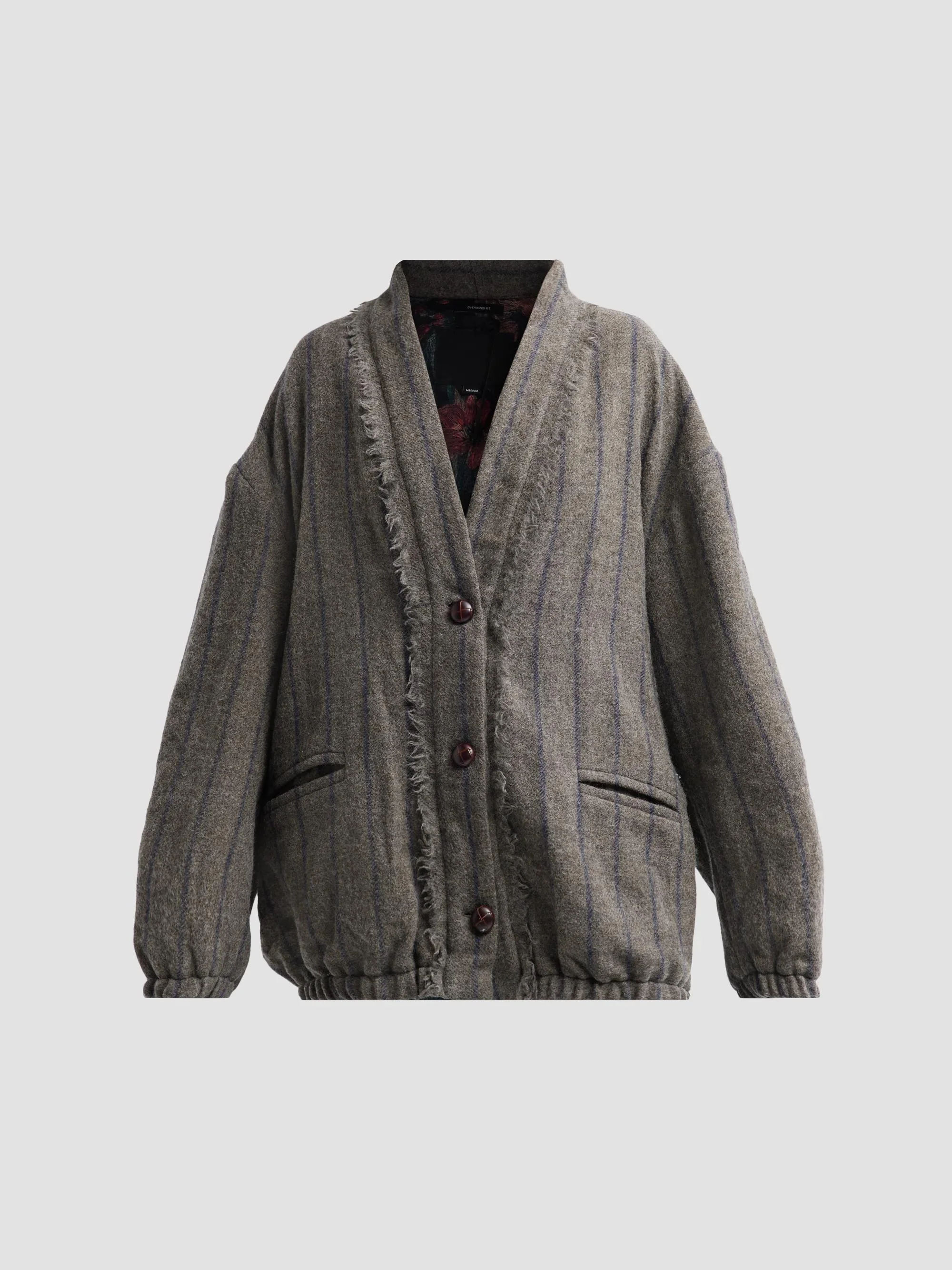 Women's Striped Virgin Wool Cardigan - Grey And Navy Stripe - 1
