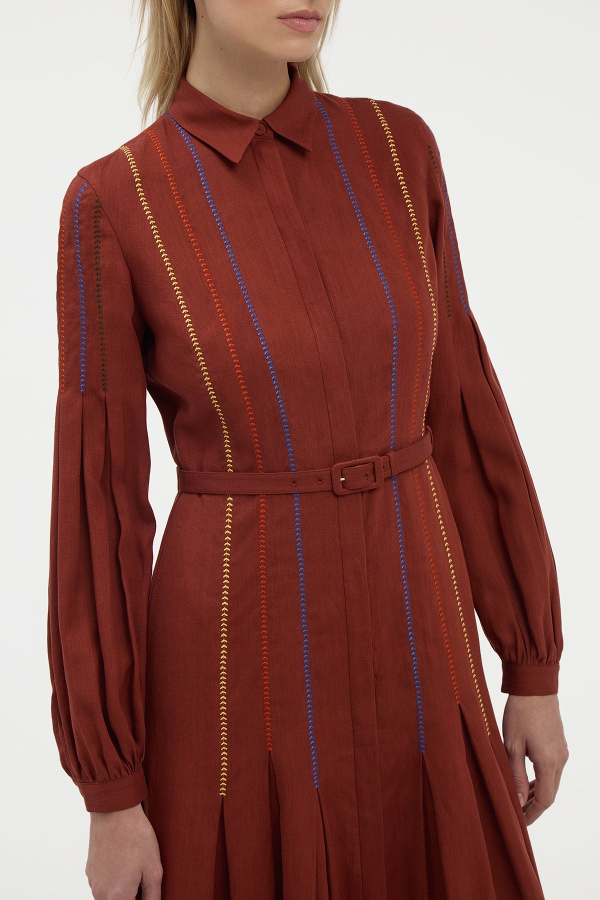 Aleka Pleated Midi Shirtdress in Burnt Sienna Multi Aloe Linen - 5