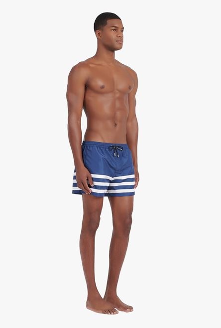 Navy blue swimsuit with Balmain logo print white stripes - 6