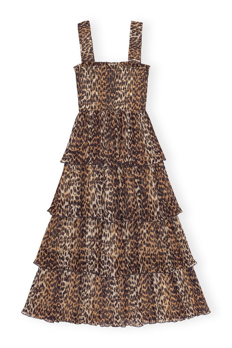 GANNI LEOPARD PLEATED GEORGETTE FLOUNCE SMOCK MIDI DRESS - F8861 |  REVERSIBLE