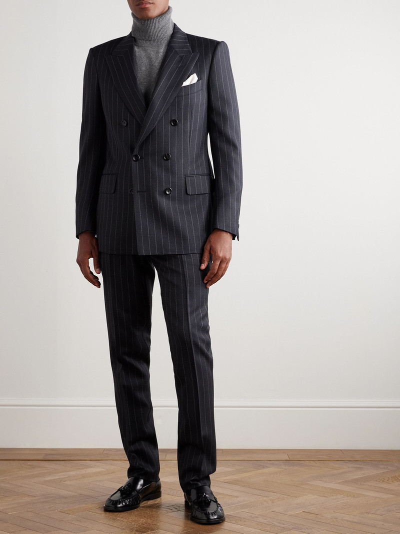 TOM FORD Dyllan Double-Breasted Striped Wool-Twill Suit Jacket Gray outlook