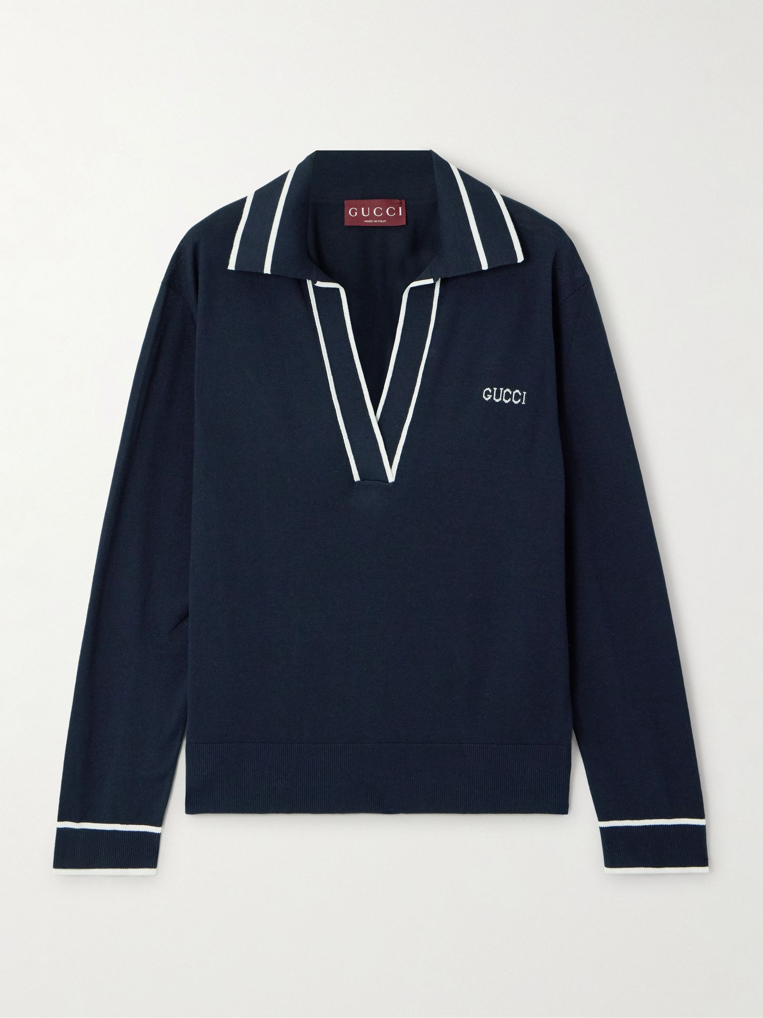 Striped intarsia-knit silk and cotton-blend sweater Navy - 1