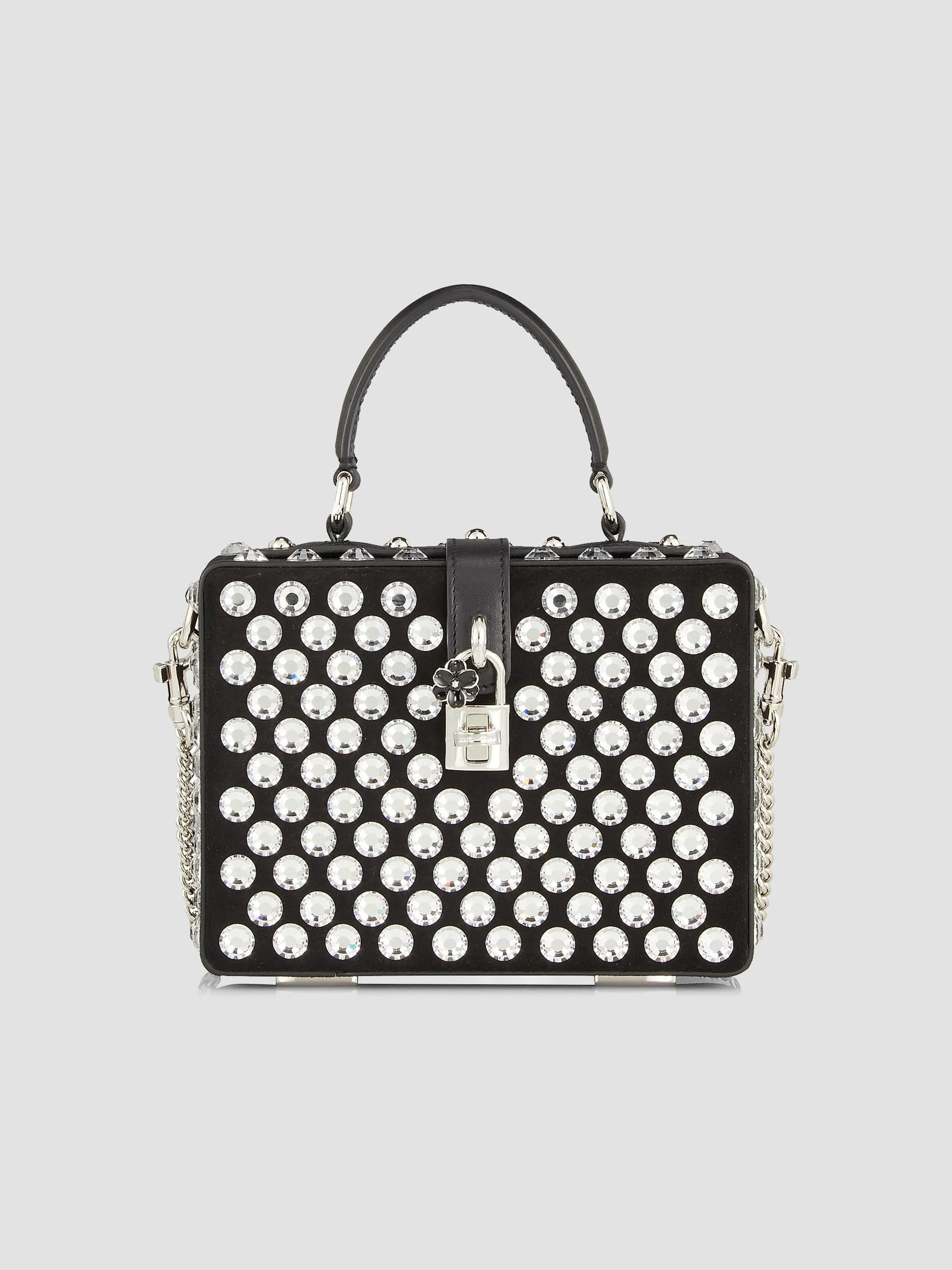 Women's Strass-Embellished Leather Box Bag - Nero Crystal - 1
