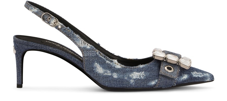 Patchwork denim slingbacks with rhinestone buckle - 1