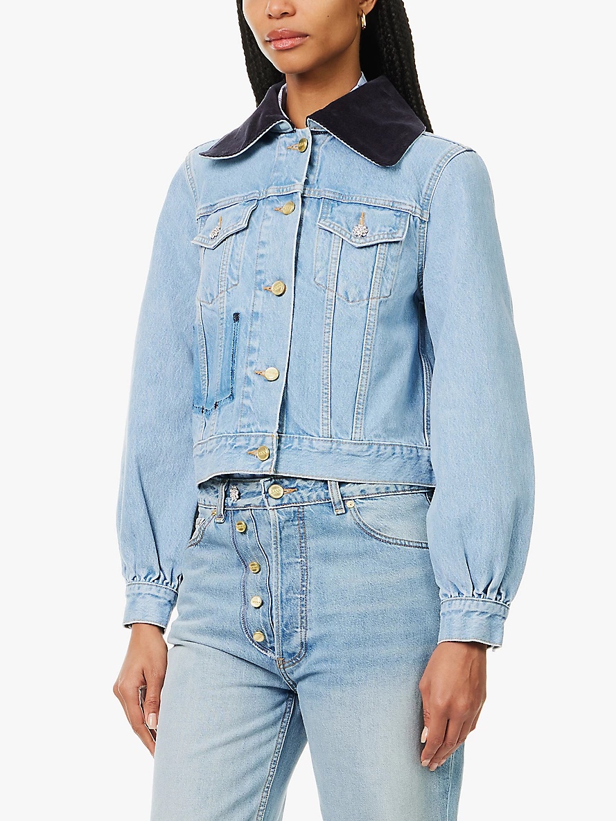 Rigid corduroy-collar regular-fit organic-denim jacket - 3