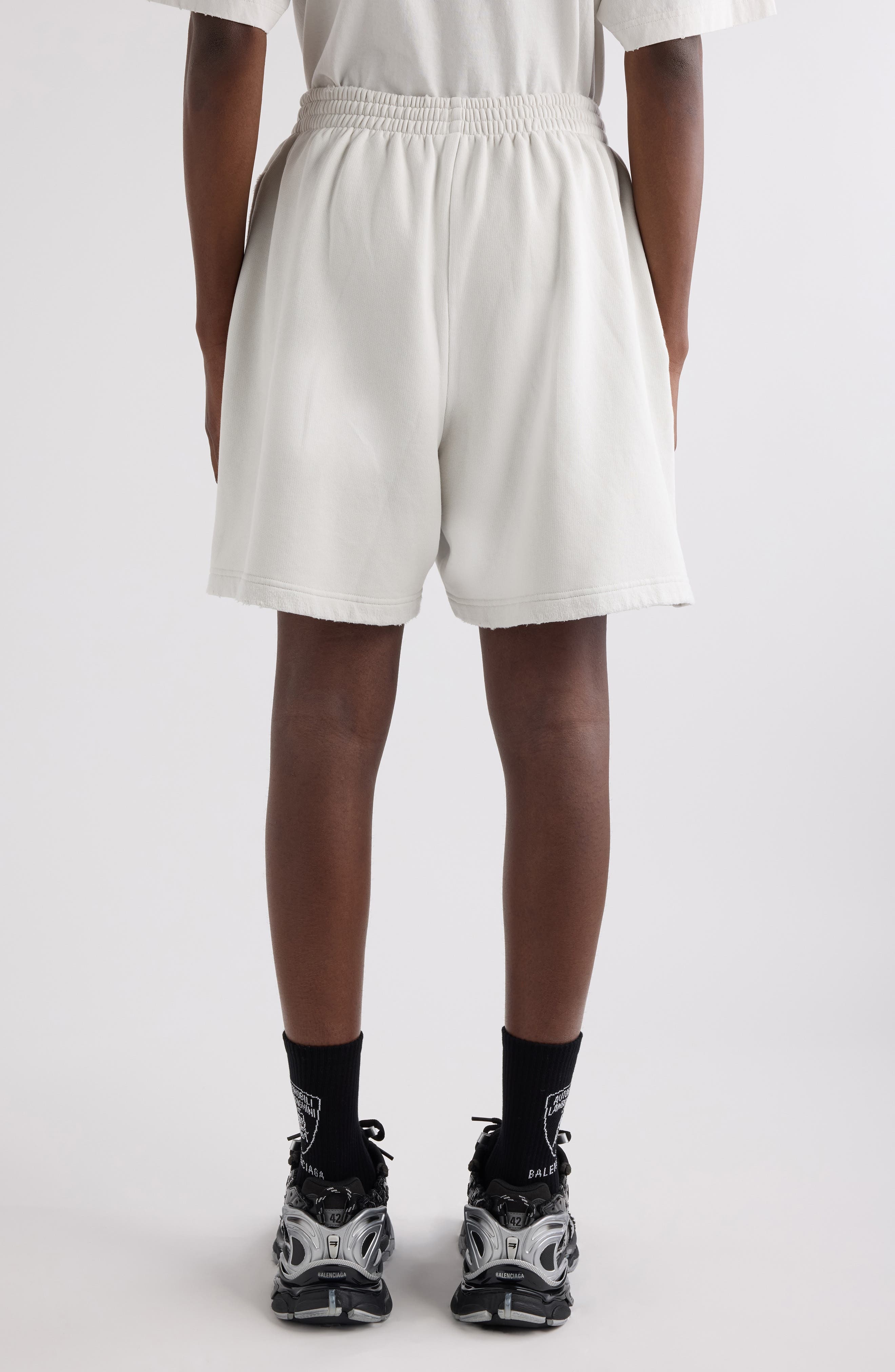 Balenciaga Distressed Logo Embroidered Sweat Shorts in 8016 Dirty Wht/Sport Blue at Nordstrom - 2