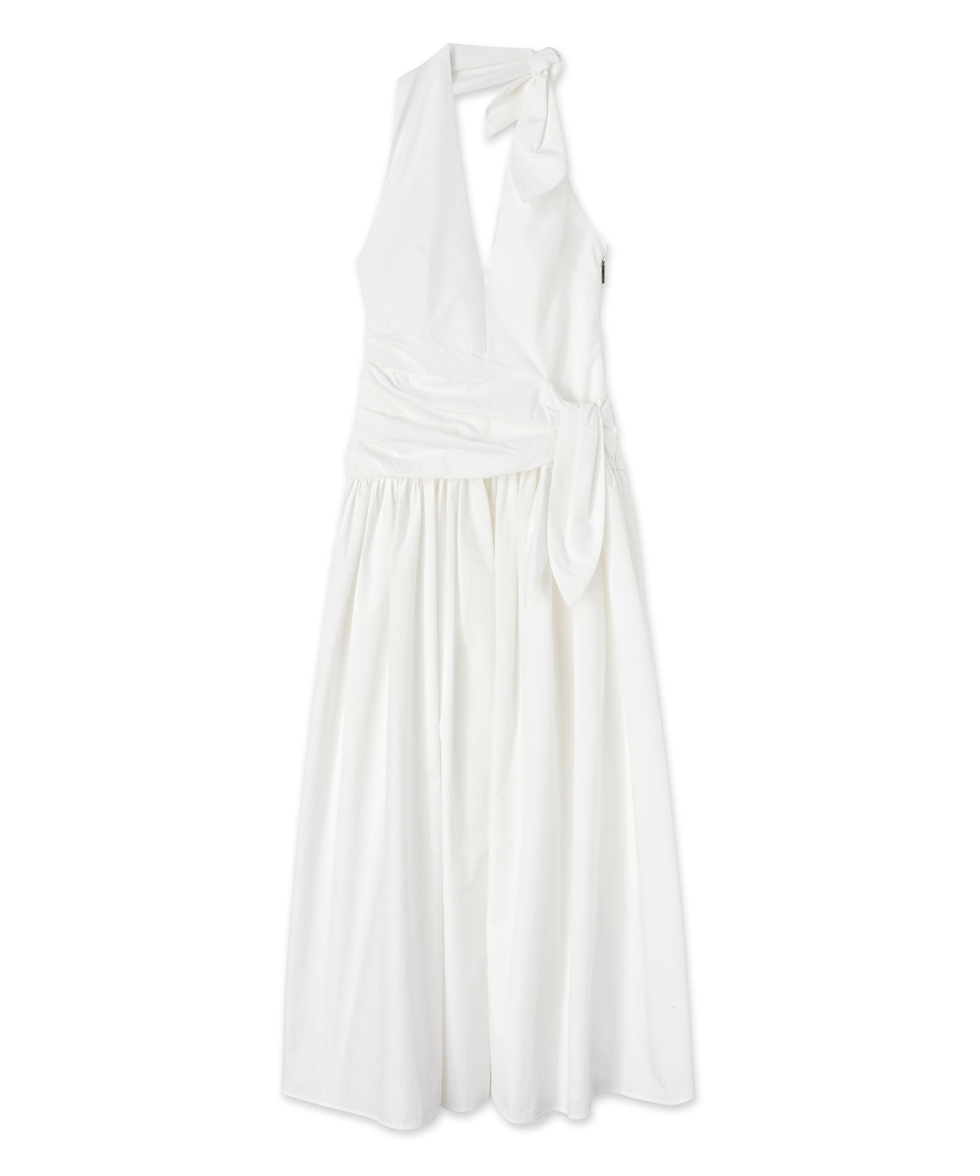 Poplin long sleeveless dress with bowed waistline - 1