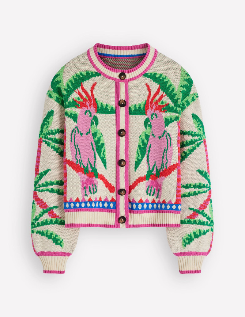 Abi Jacquard Cardigan-Warm Ivory, Palm Tree Birds 1