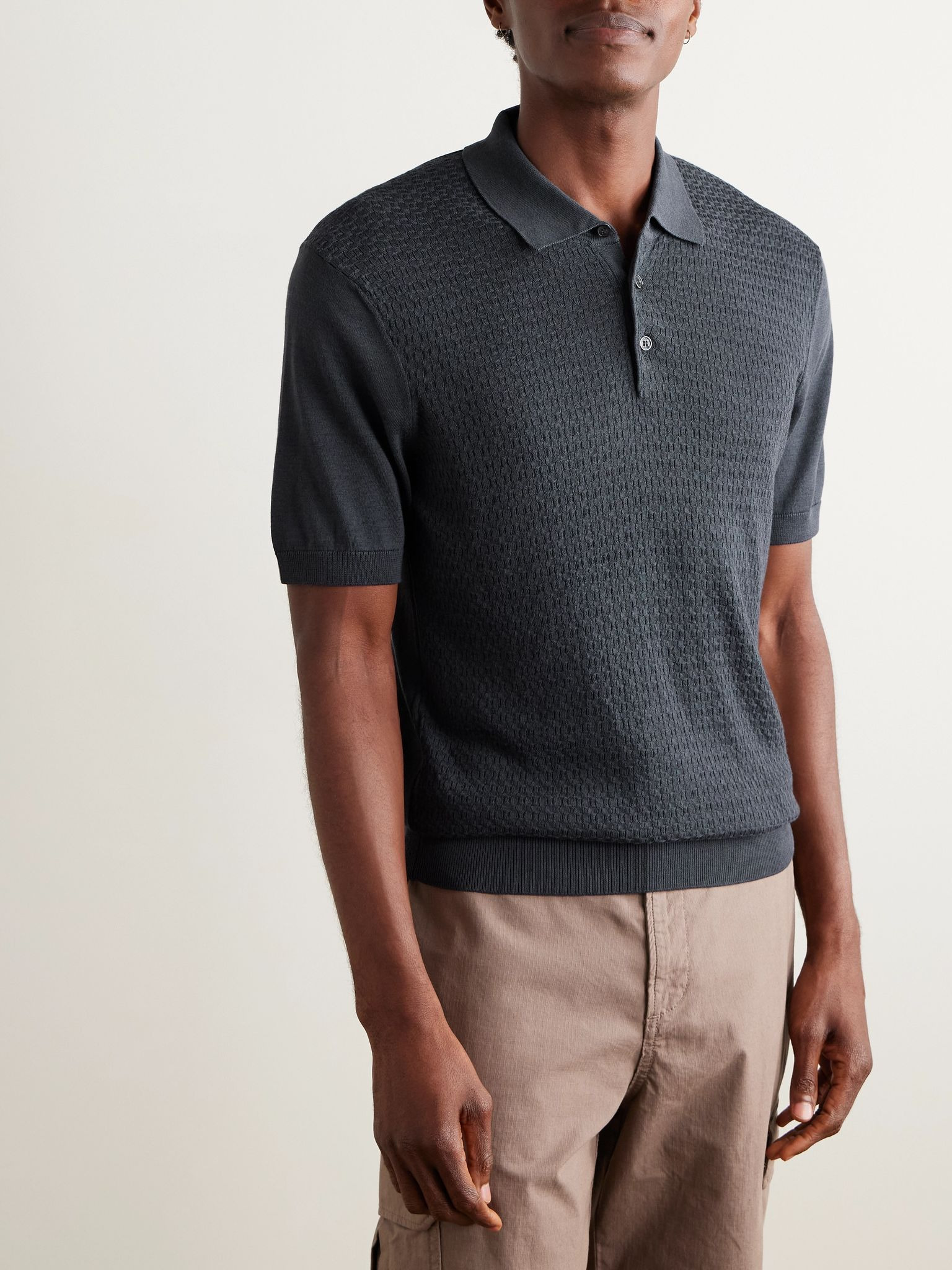 Burnham Slim-Fit Silk and Cotton-Blend Polo Shirt Gray - 3