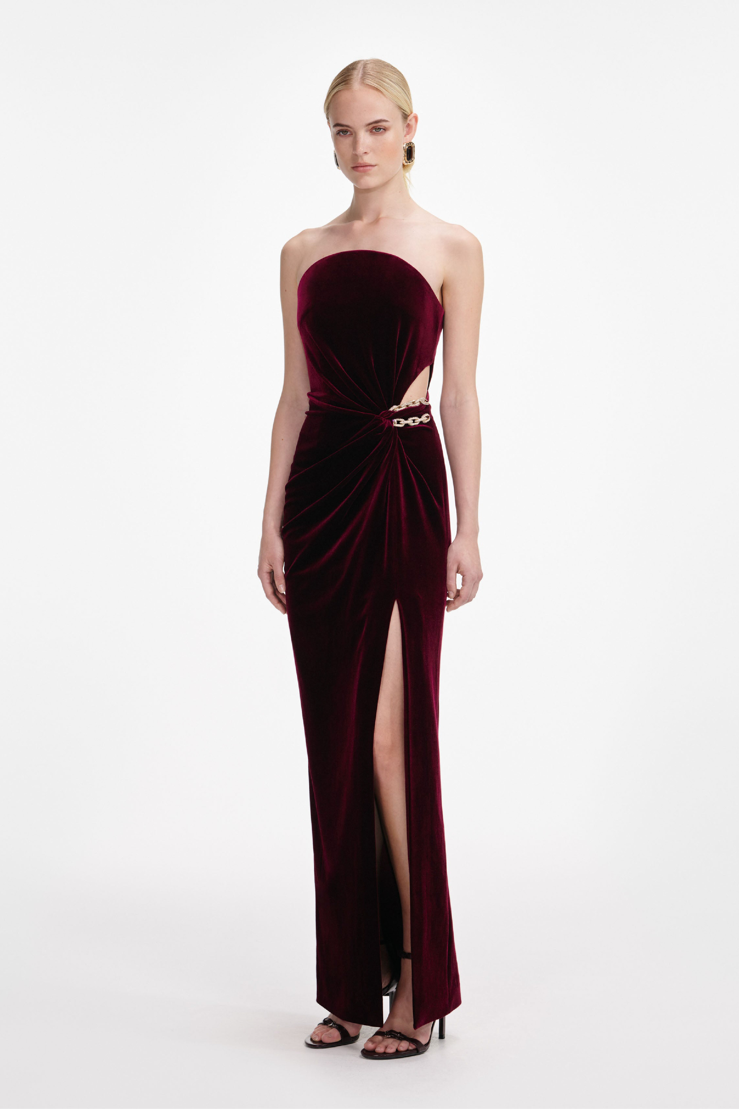 BURGUNDY VELVET BANDEAU MAXI DRESS - 2
