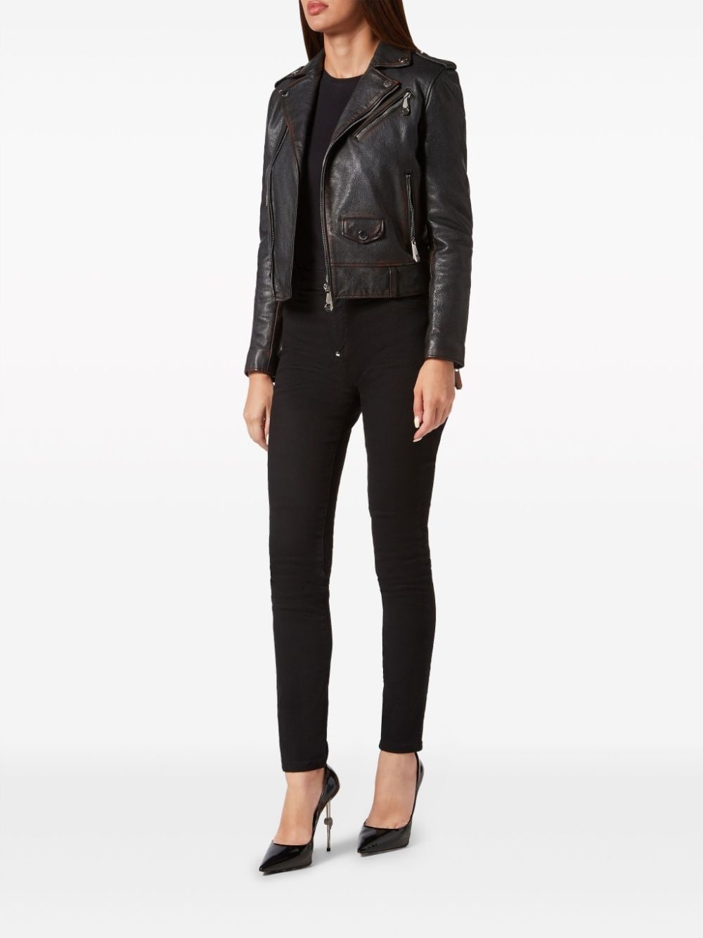 logo-patch leather biker jacket - 2