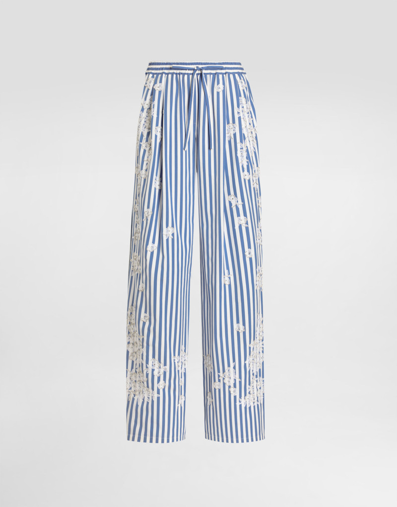 Striped poplin trousers with embroidery and rhinestones 1