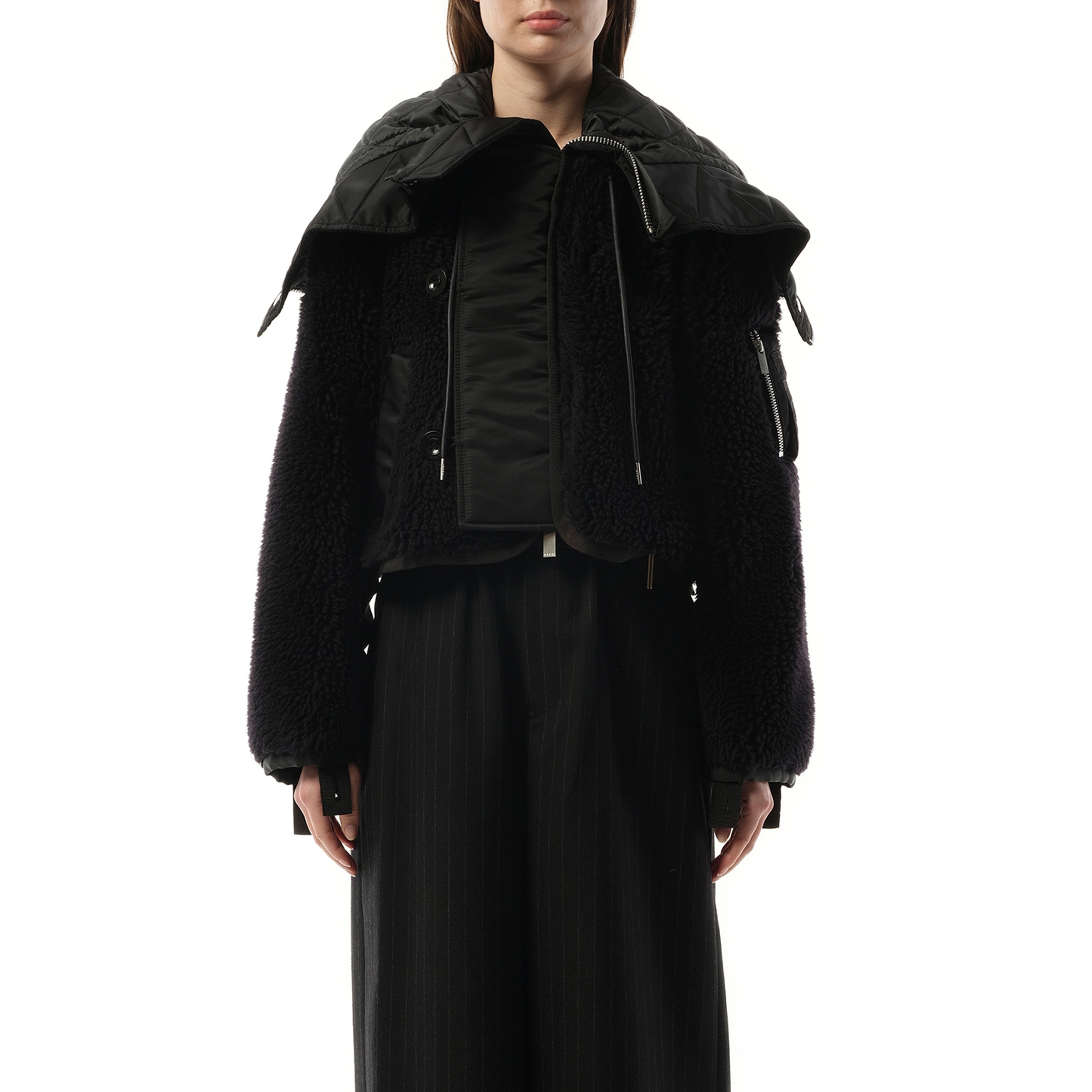 Faux Shearling x Nylon Twill Blouson in Black - 1