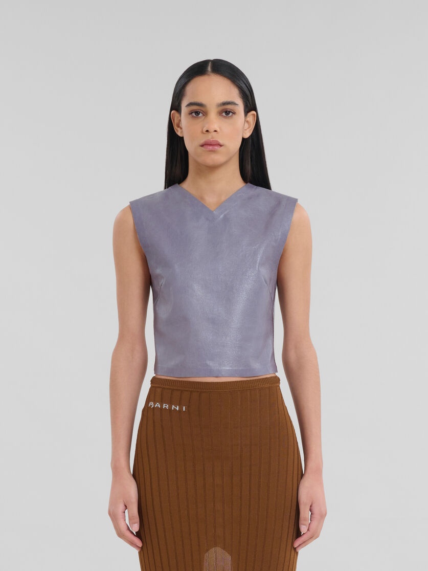 GREY LEATHER TOP WITH RIB-KNIT BACK - 2