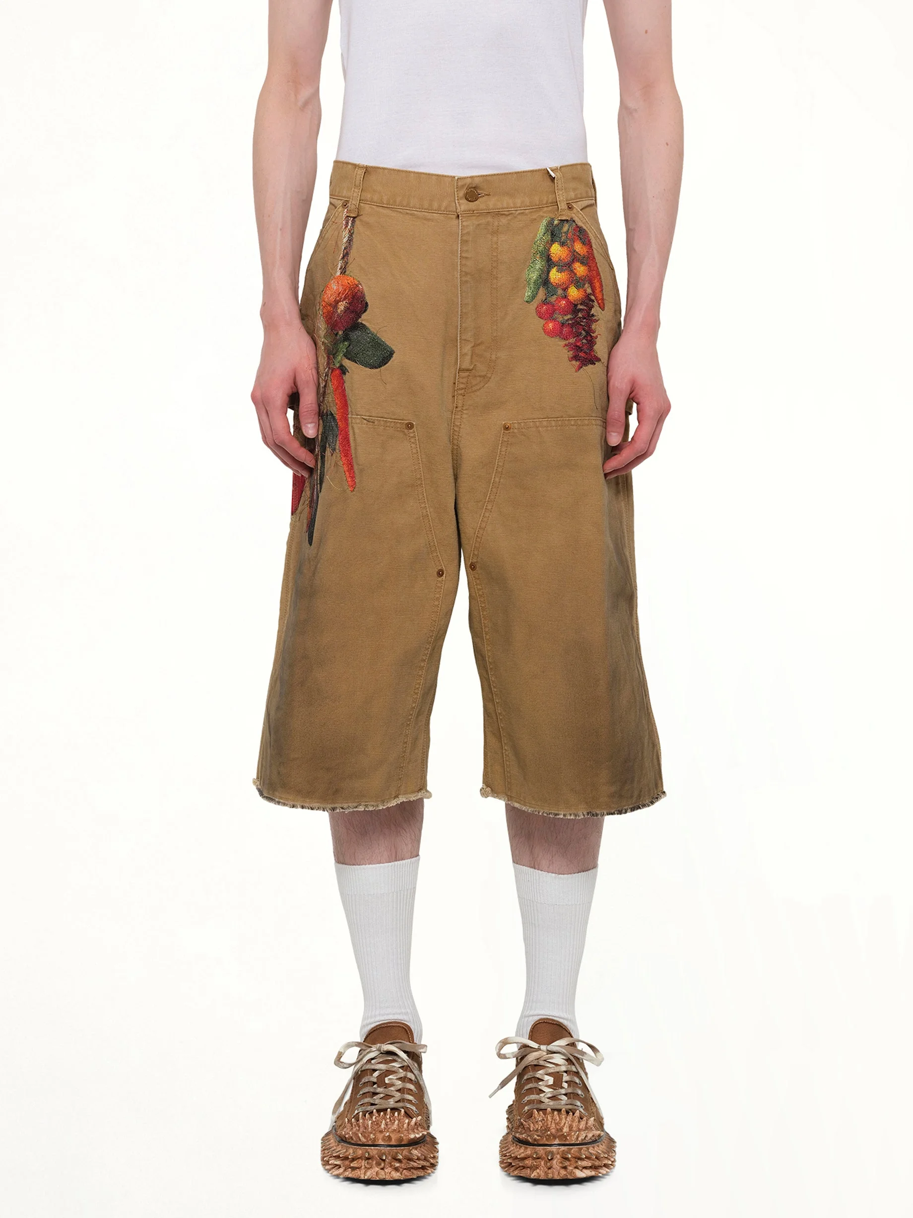 Vegetable Embroidery Cut-Off Pants in Beige - 1