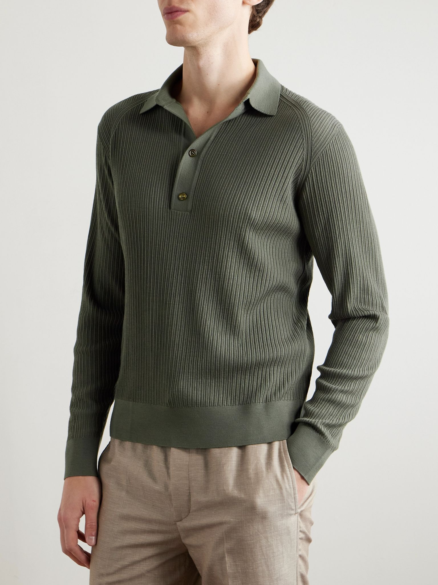Pointelle-Knit Wool Polo Shirt Green - 3