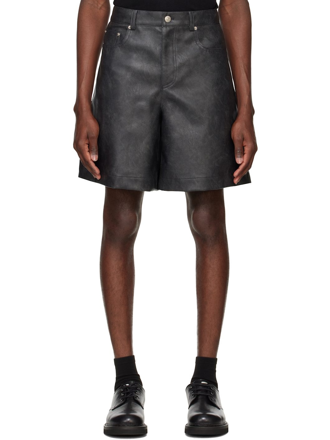 Black Lined Faux-Leather Shorts - 1