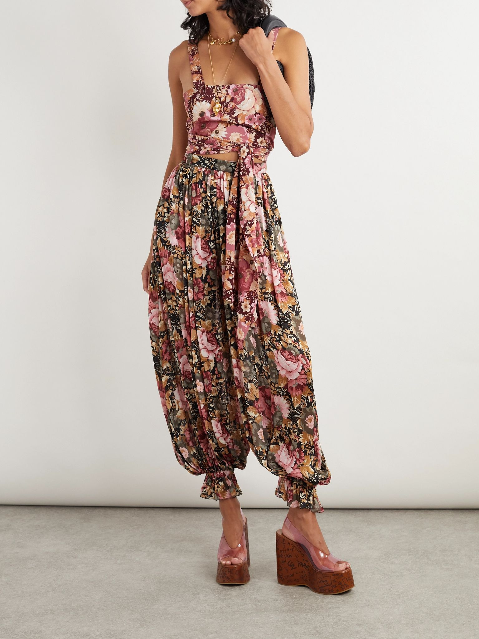 Cropped floral-print silk-crepe top Pink - 2