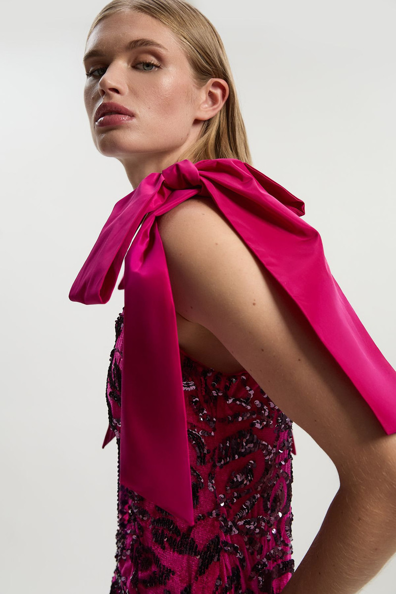 KAREN MILLEN Velvet Sequin Woven Mini Dress With Taffeta Bow Tie Detail outlook