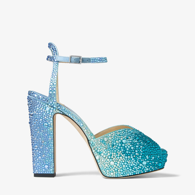 Sacaria PF 120 Peacock Satin Platform Sandals with Crystals 1