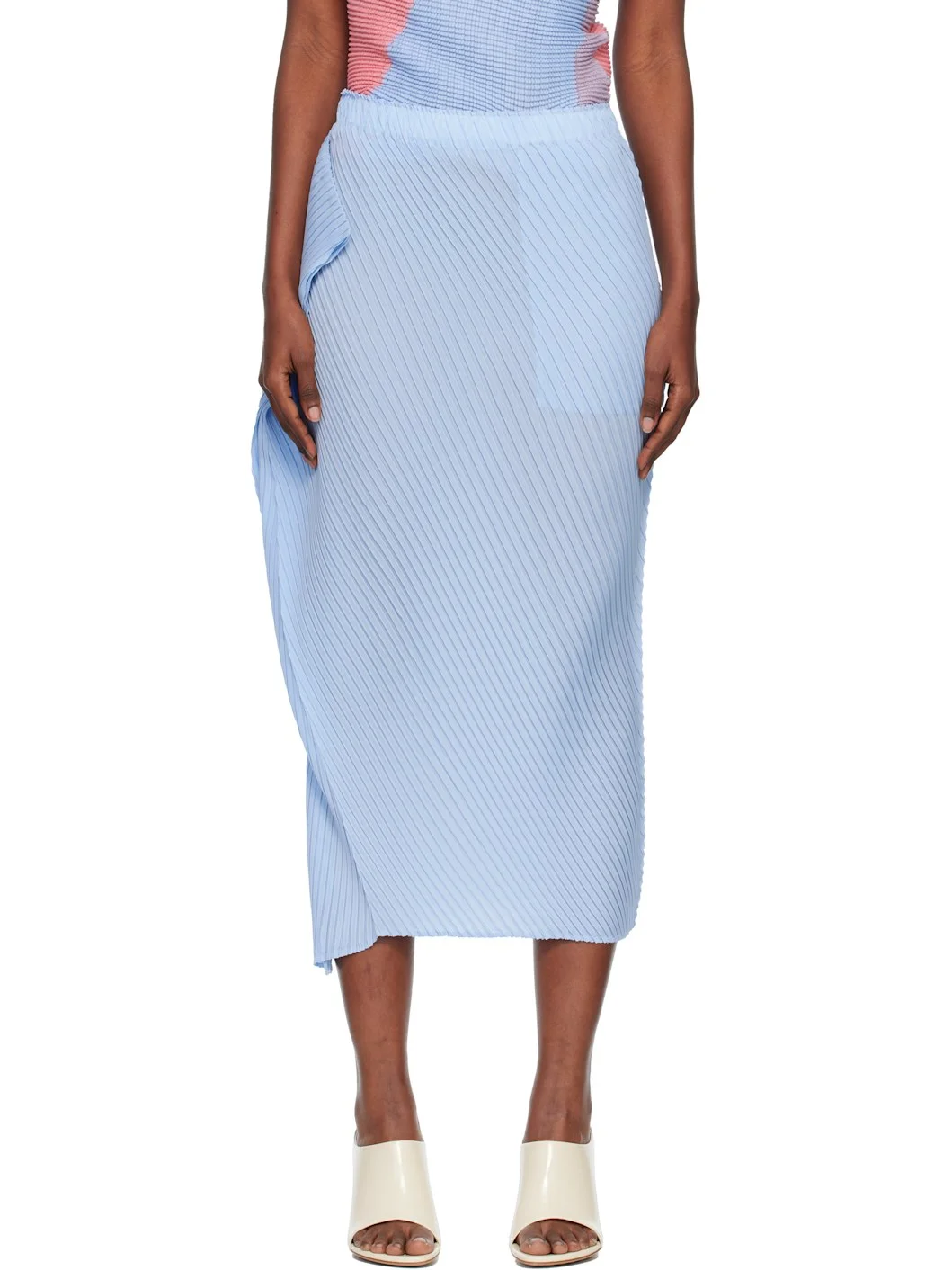 Blue Soft Fold Pleats Midi Skirt - 1