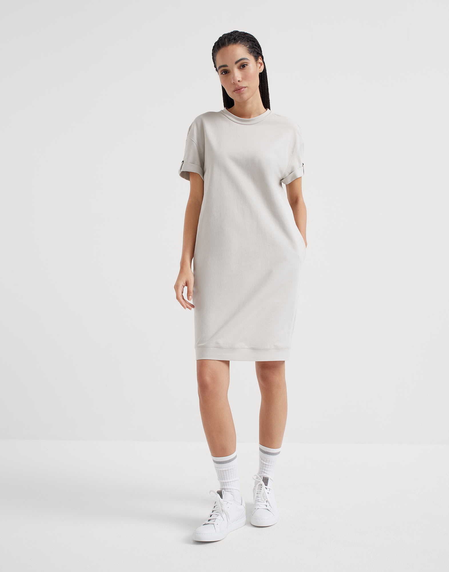 Stretch cotton lightweight French terry dress with shiny cuff detail - 1