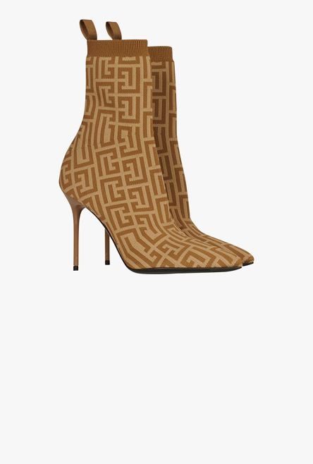 Bicolor nude and sand-colored stretch knit Skye ankle boots with Balmain monogram - 2