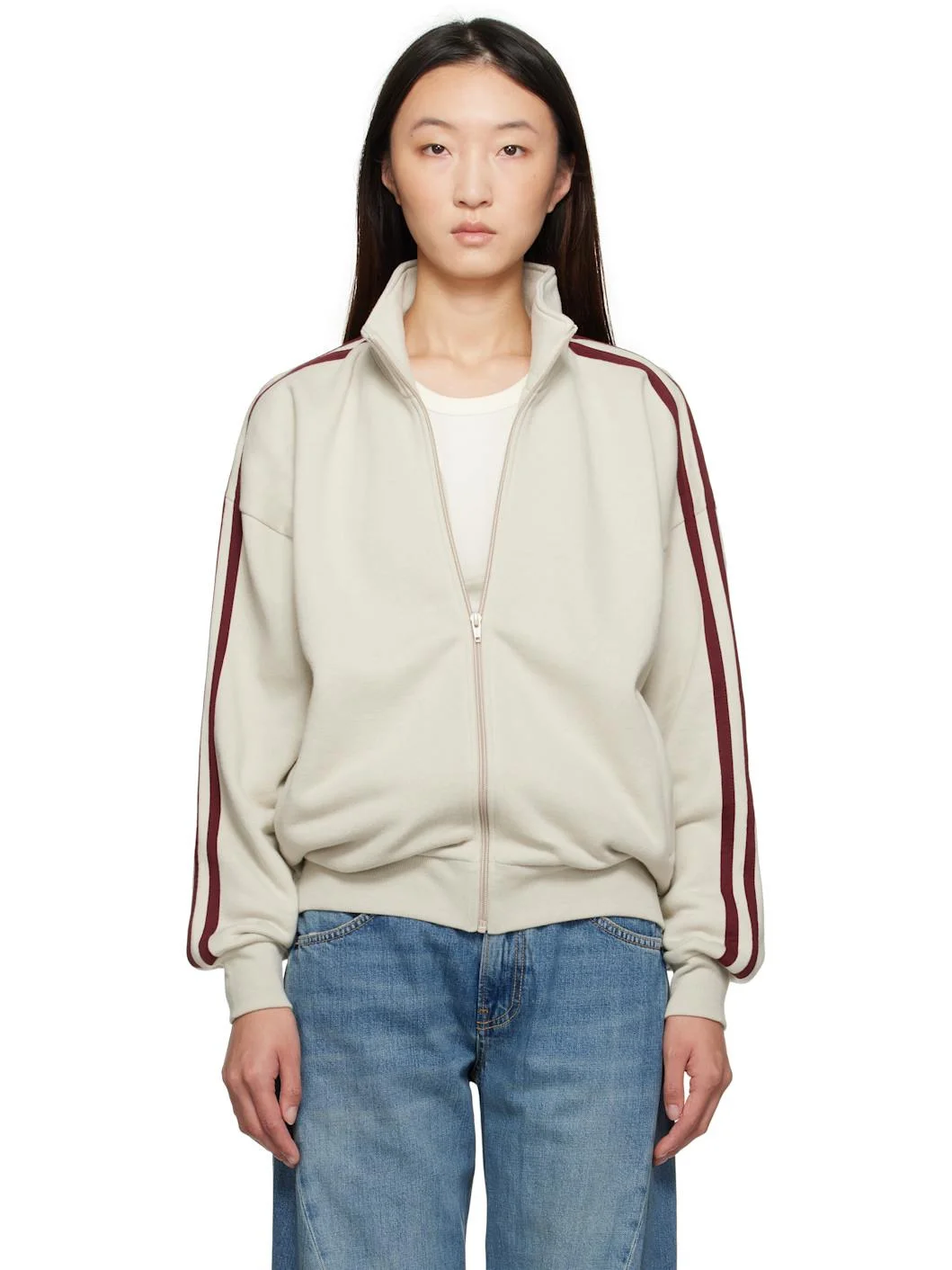 Beige & Burgundy Fleecy Track Zip Up Sweatshirt - 1