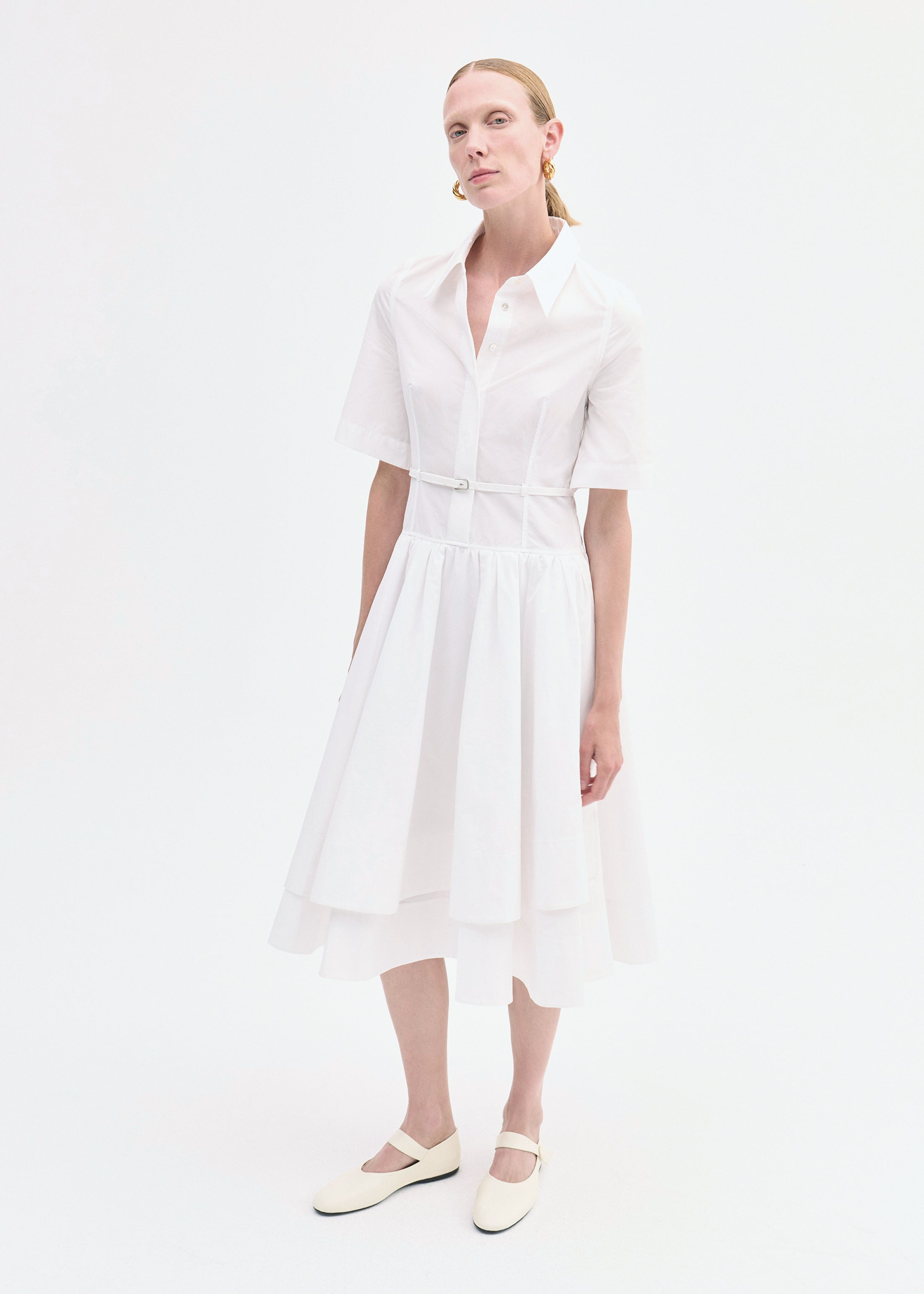 Short Sleeve Belted Dress in Cotton Poplin - 2