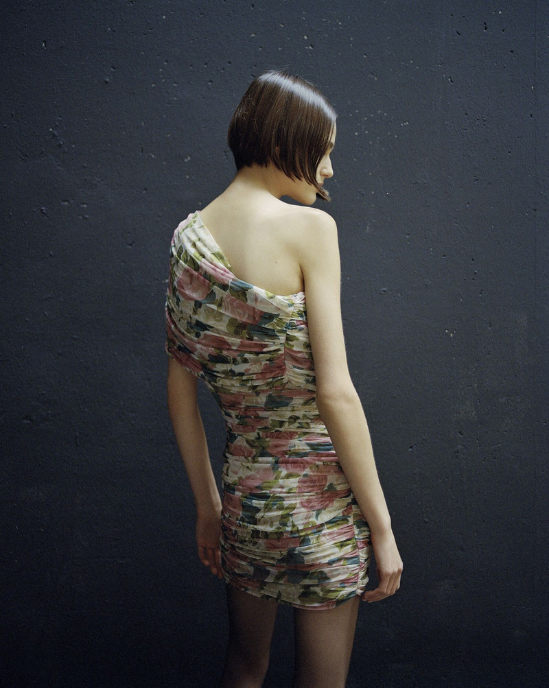 SAINT LAURENT ruched one-shoulder dress in floral tulle outlook