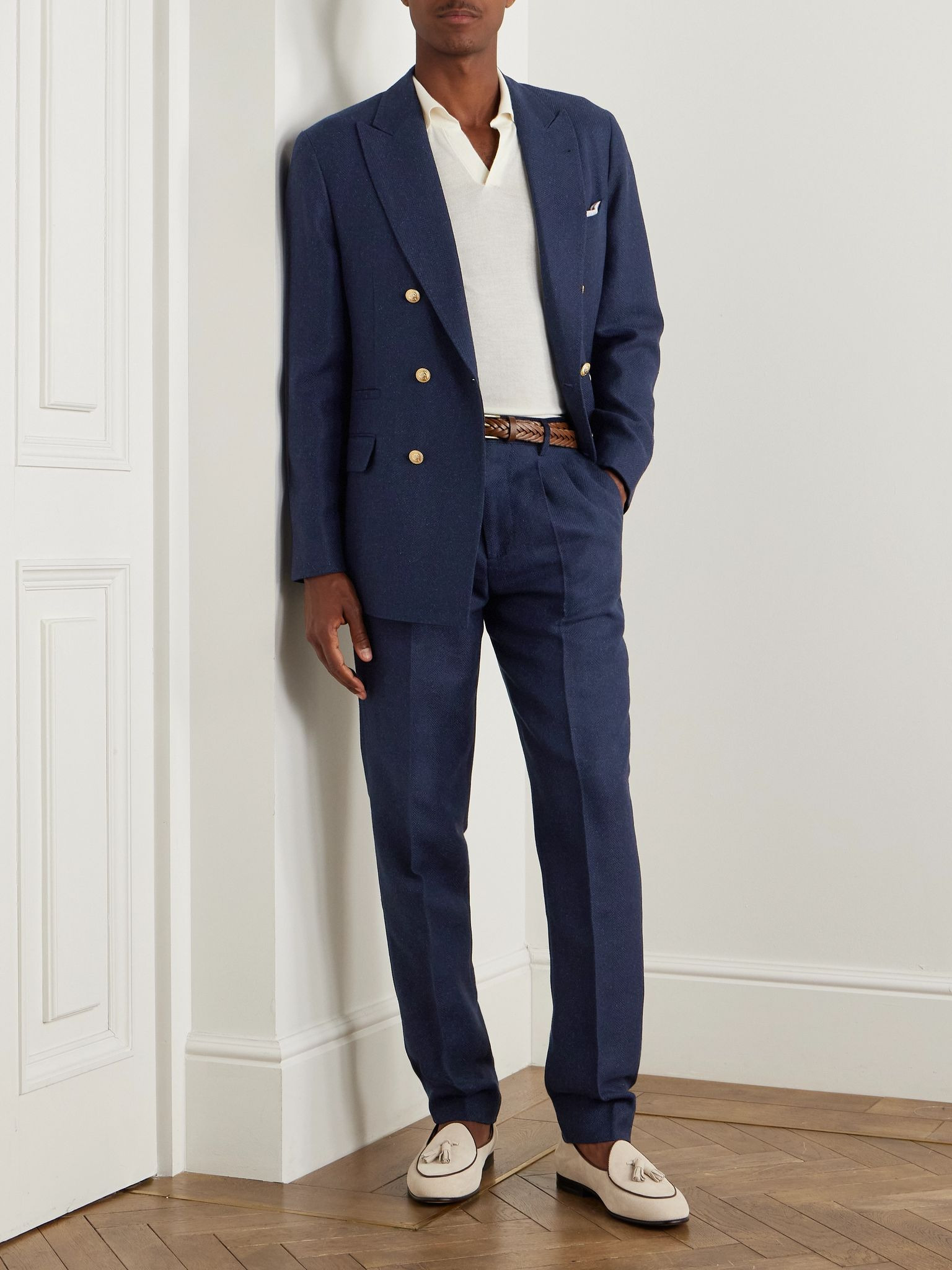 Tapered Pleated Striped Linen, Silk, Wool and Cotton-Blend Suit Trousers Navy - 2
