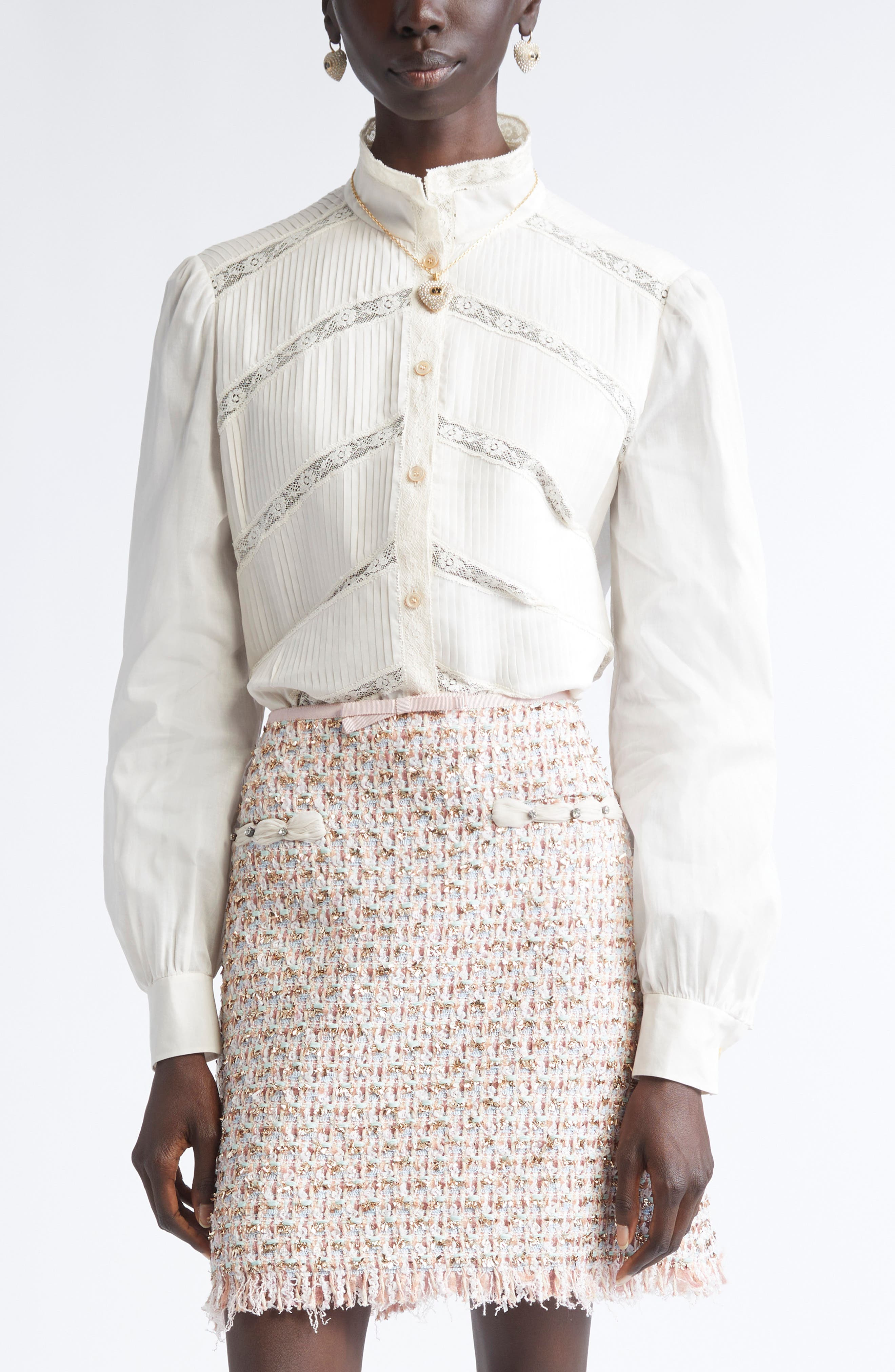 Valentino Garavani Lace Inset Silk Organza Shirt in Sand at Nordstrom - 1