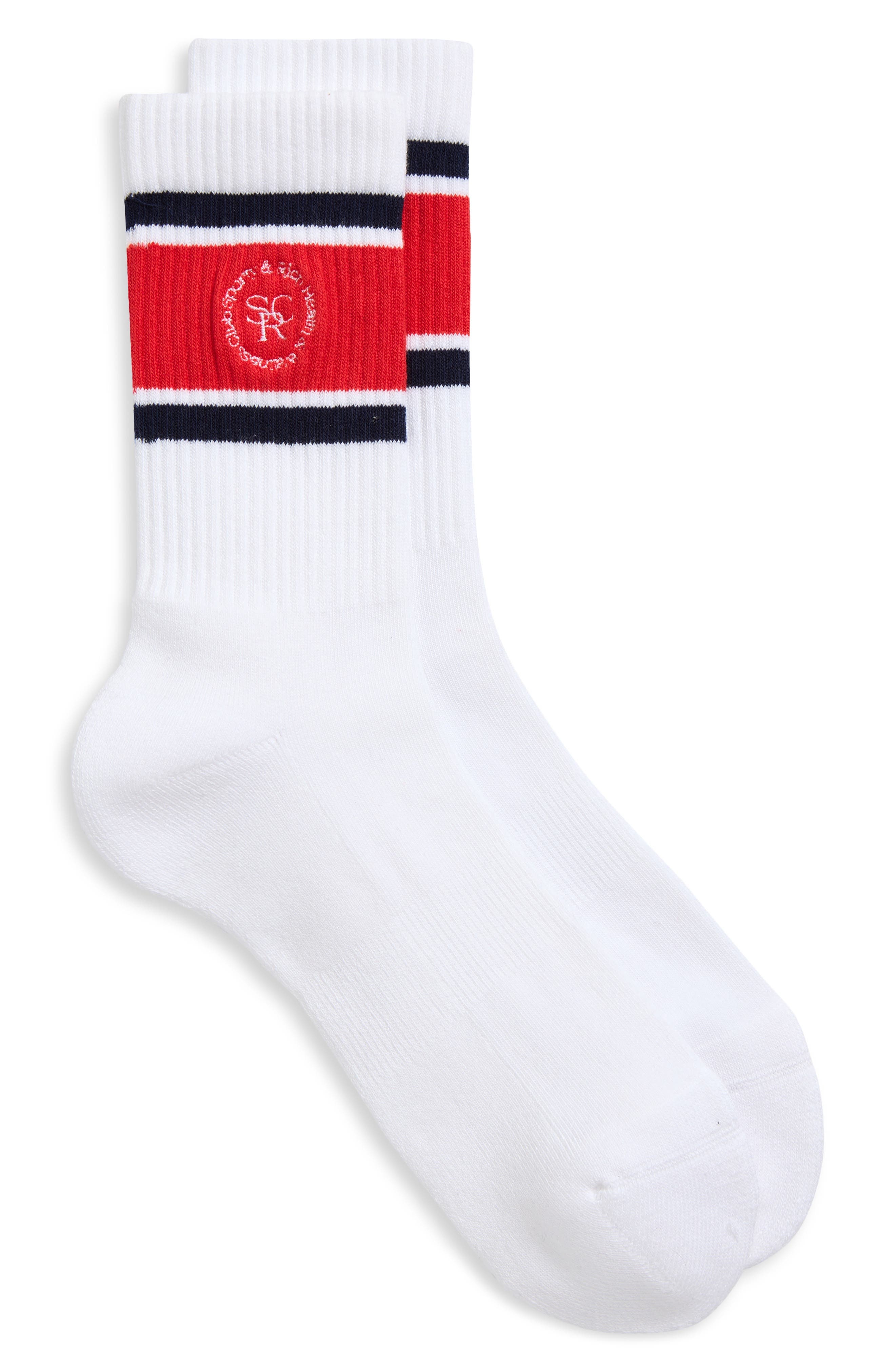 Sporty & Rich Roller Logo Embroidered Crew Socks in White/Dark Navy/Ruby at Nordstrom - 1