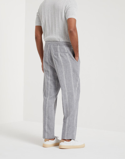 Brunello Cucinelli Linen, wool and silk double chalk stripe leisure fit trousers with drawstring and double pleats outlook