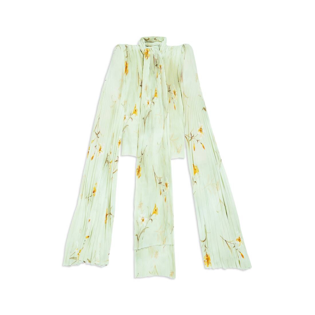 Women's Lilies Scarf Pleated Blouse in Green - 1