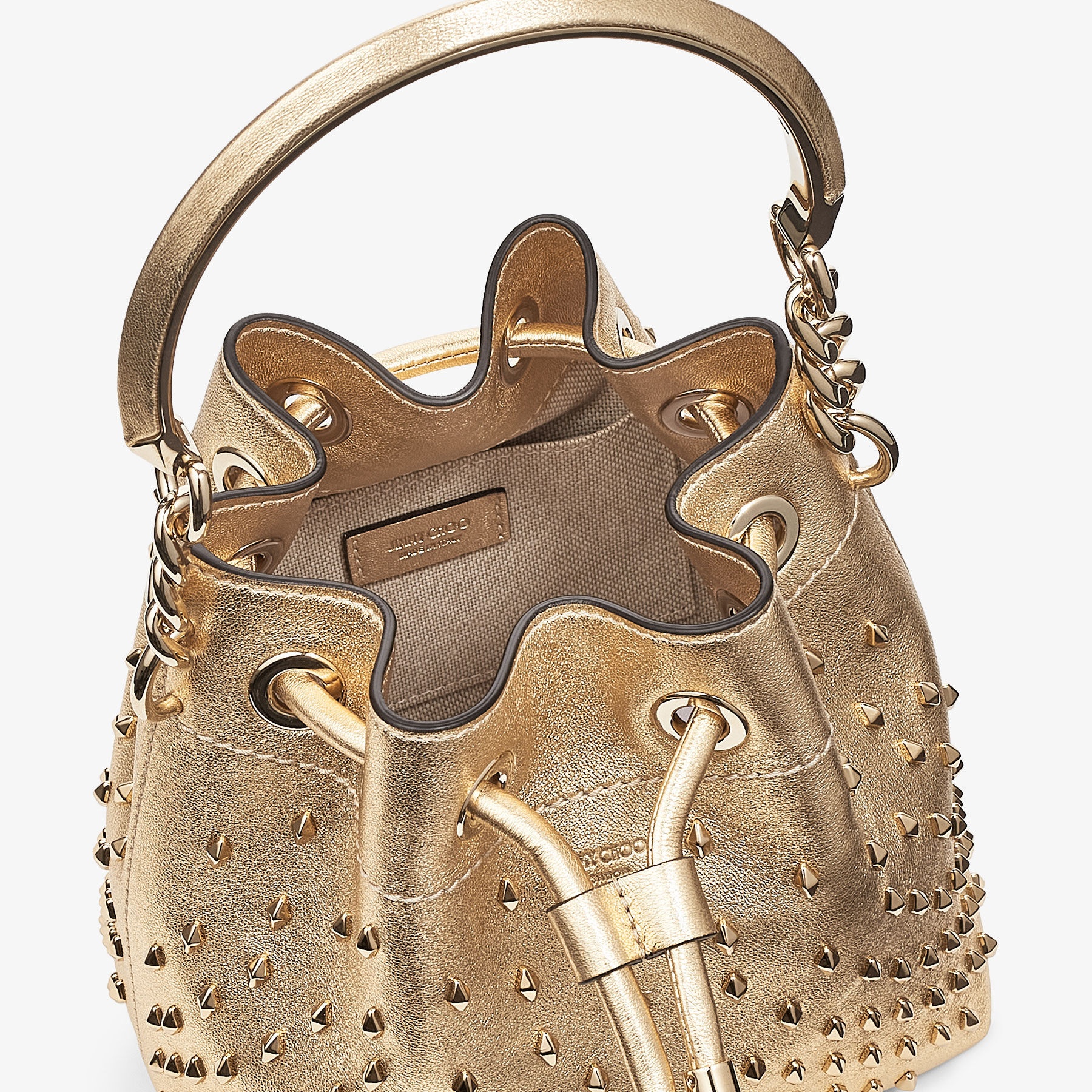 Bon Bon Bucket S
Gold Metallic Nappa Leather Bucket Bag with Studs - 3