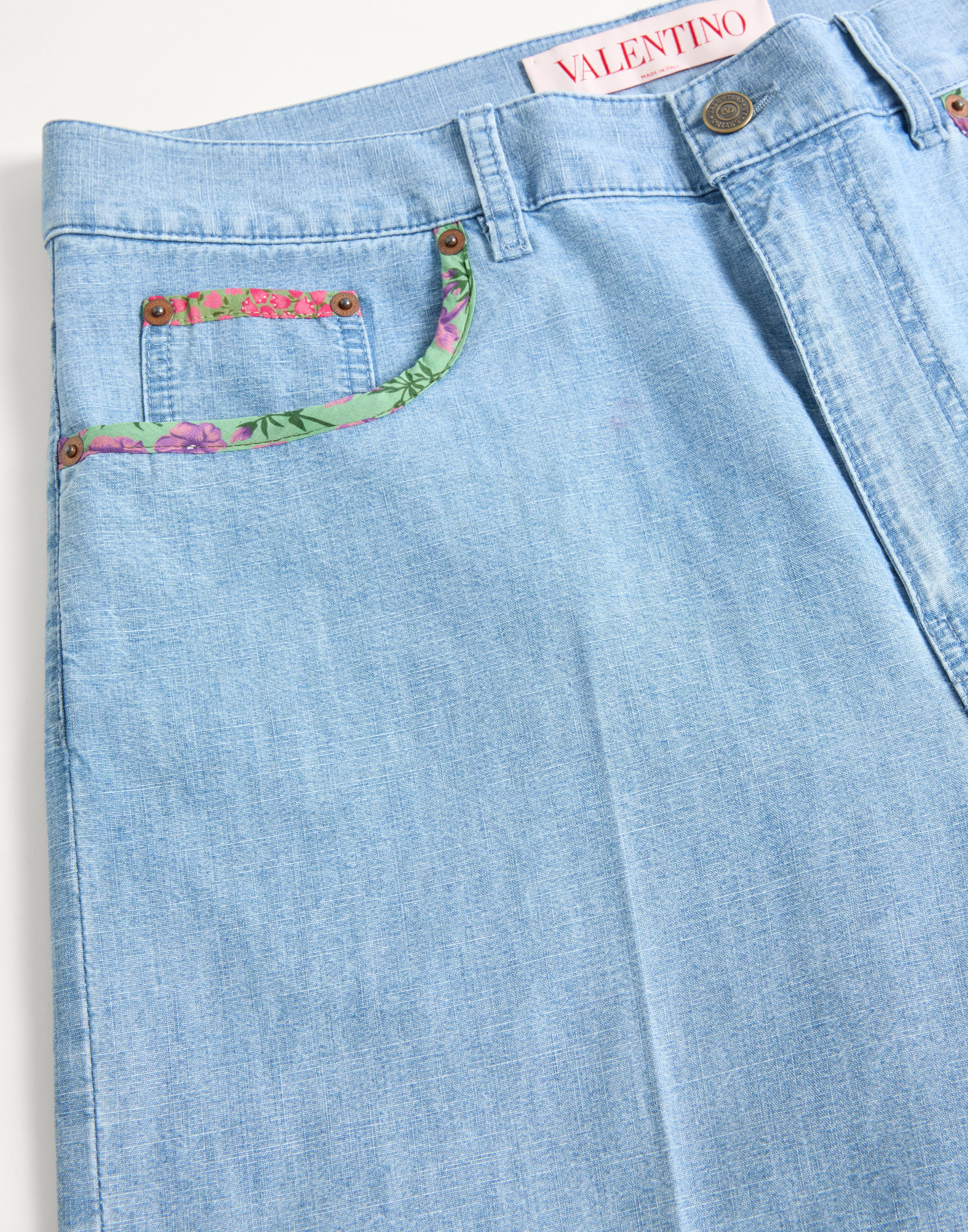 DENIM BERMUDA SHORTS WITH FLORAL PRINT HEM - 6